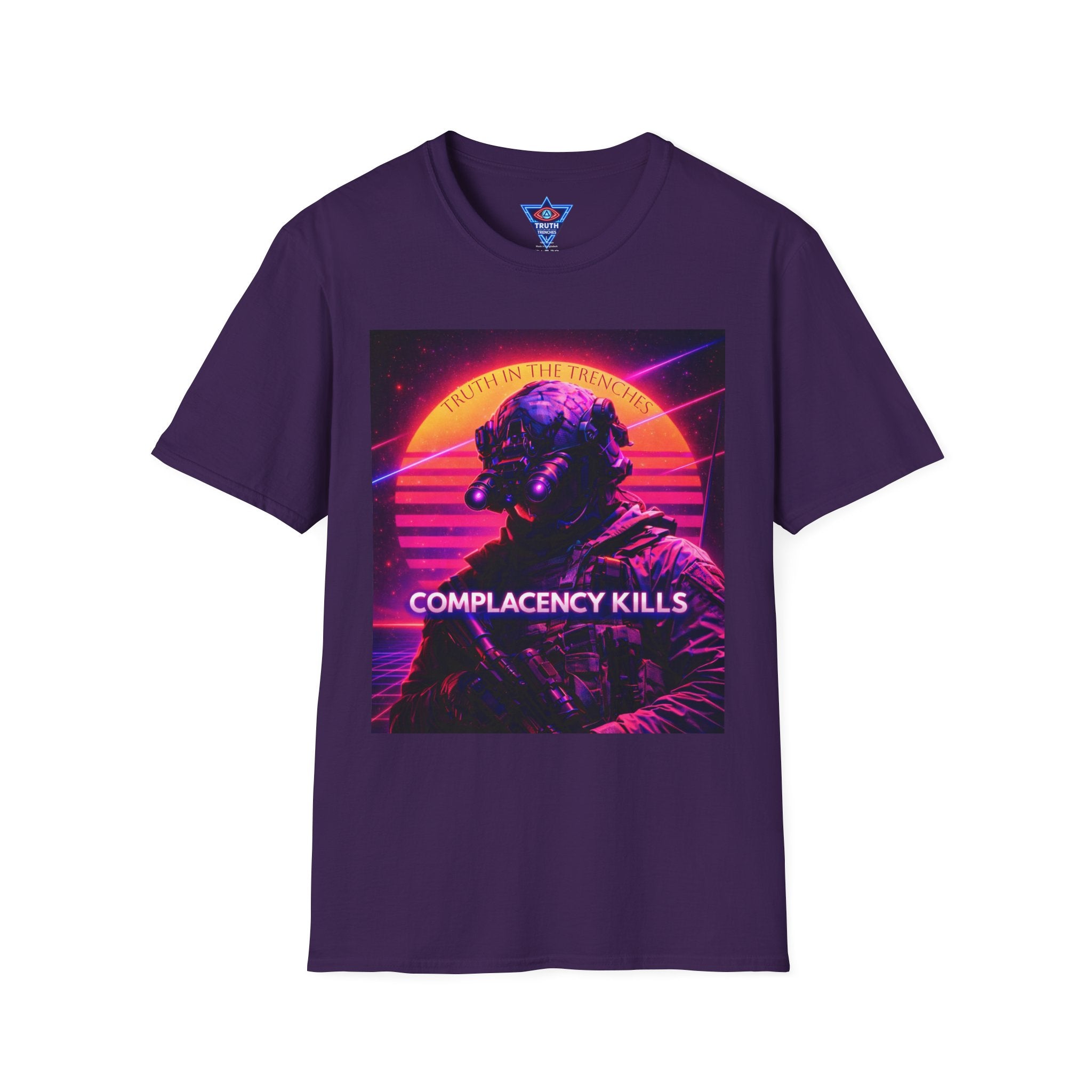 Complacency Kills T-Shirt | Neon Tactical Vaporwave Soldier