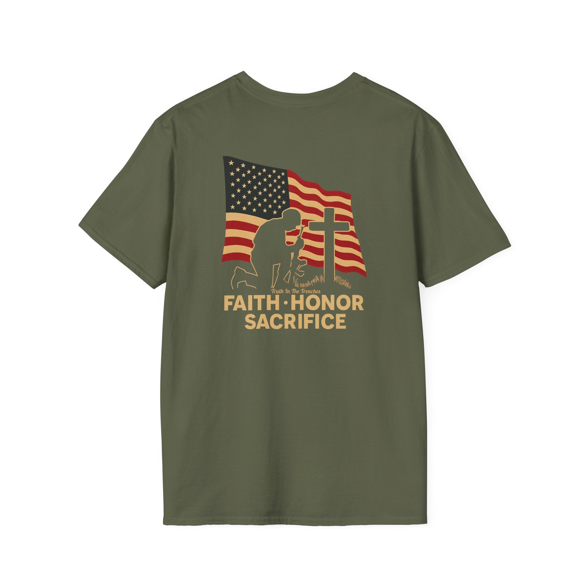 Faith Honor Sacrifice American Flag Back Print T-Shirt