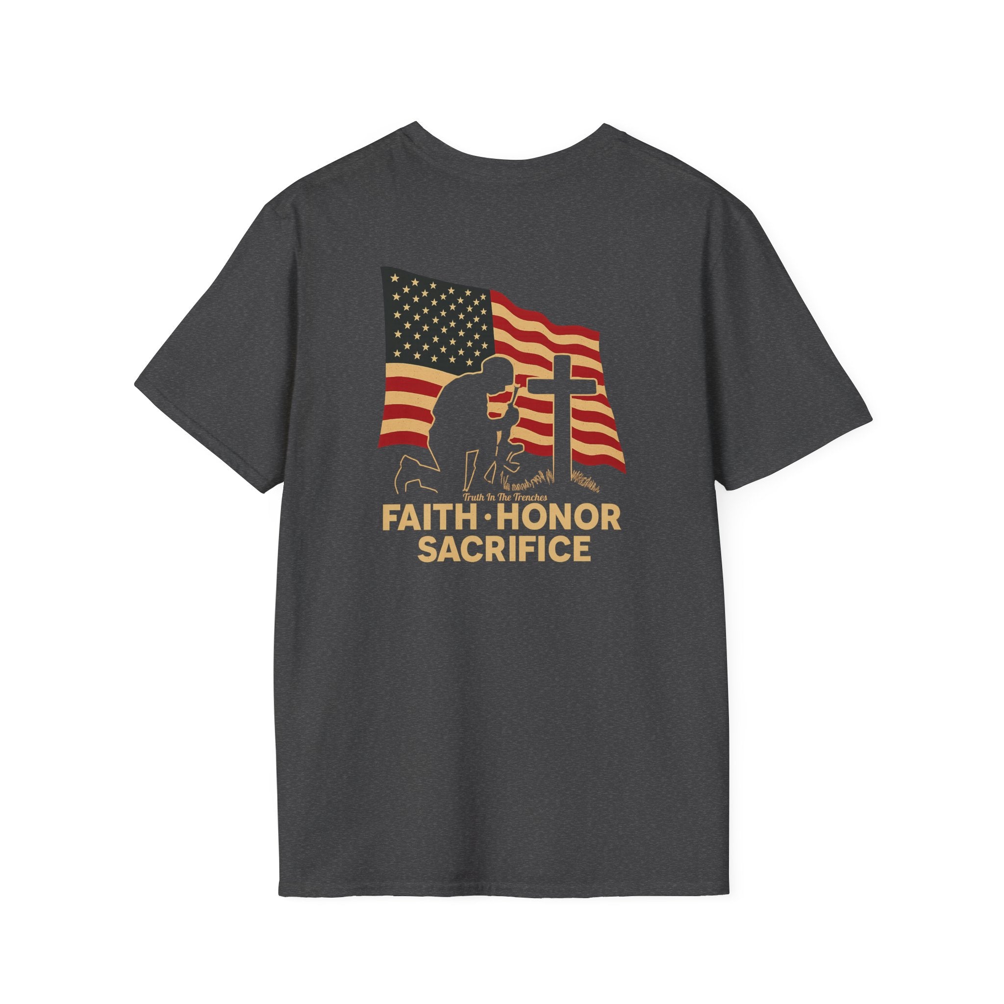 Faith Honor Sacrifice American Flag Back Print T-Shirt