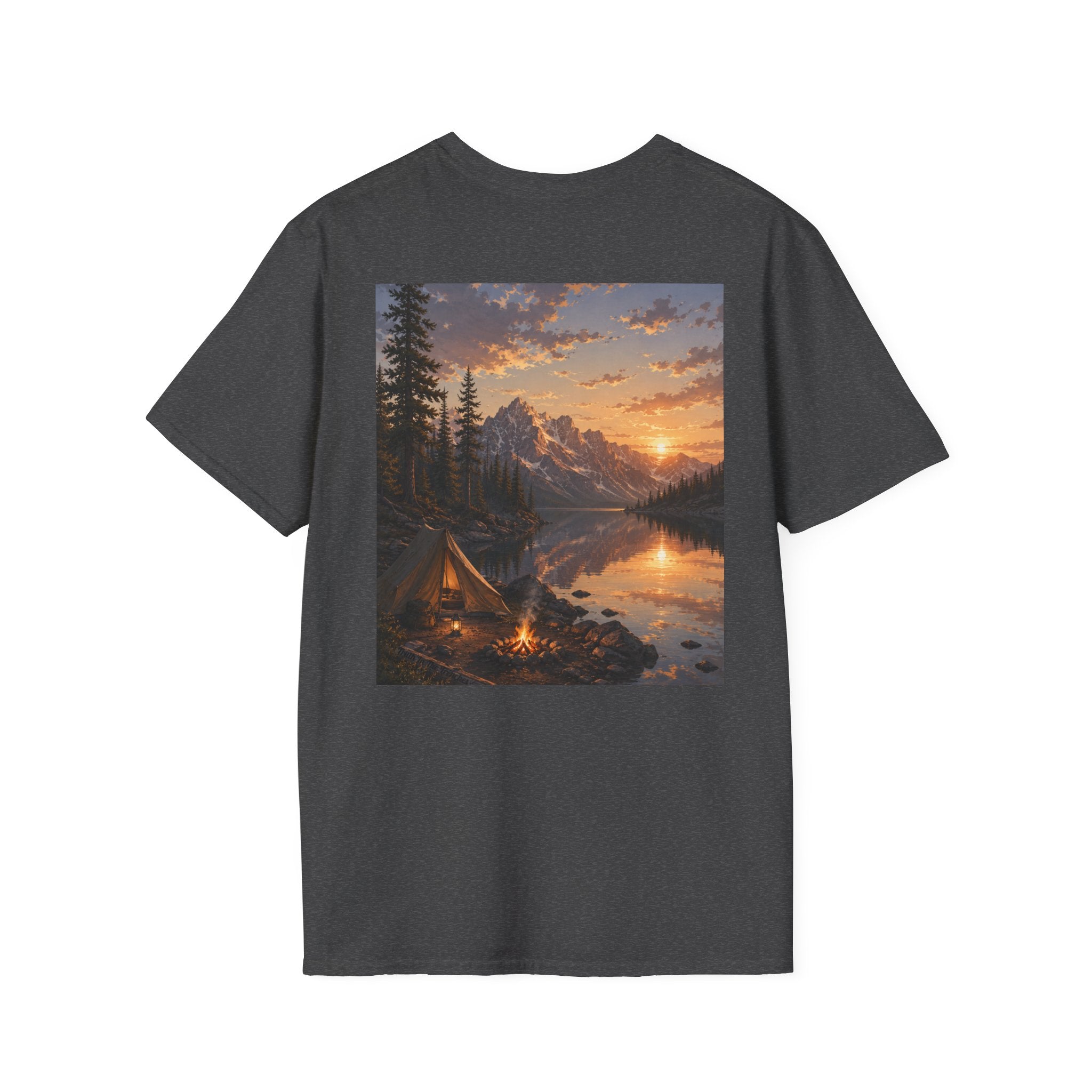 Backcountry Lake Camp Shirt | Mountain Sunset Camping Tee | Great Outdoors Series | Wilderness Nature Graphic T-Shirt