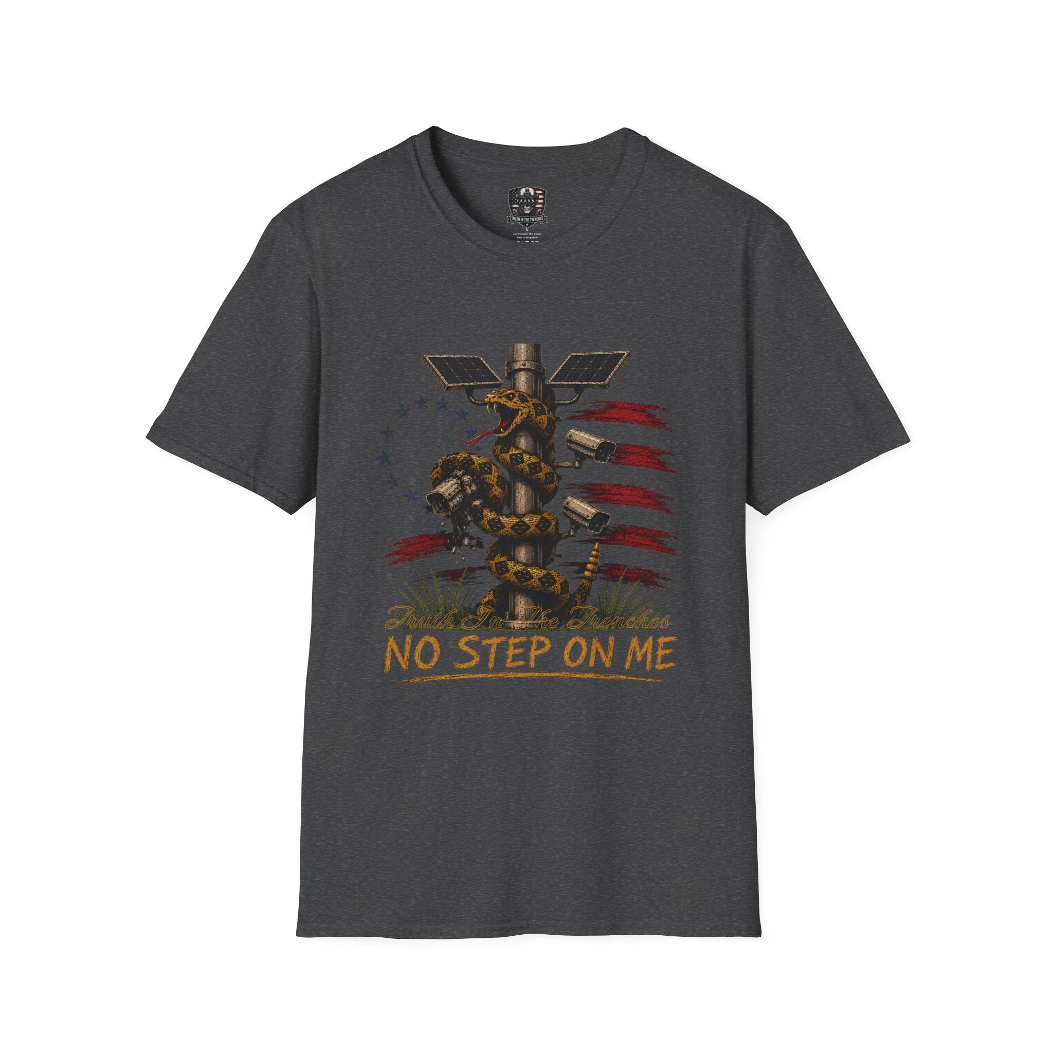 No Step On Me Shirt | Gadsden Snake Crushing Surveillance Camera | Patriotic American Flag Freedom Liberty Graphic Tee