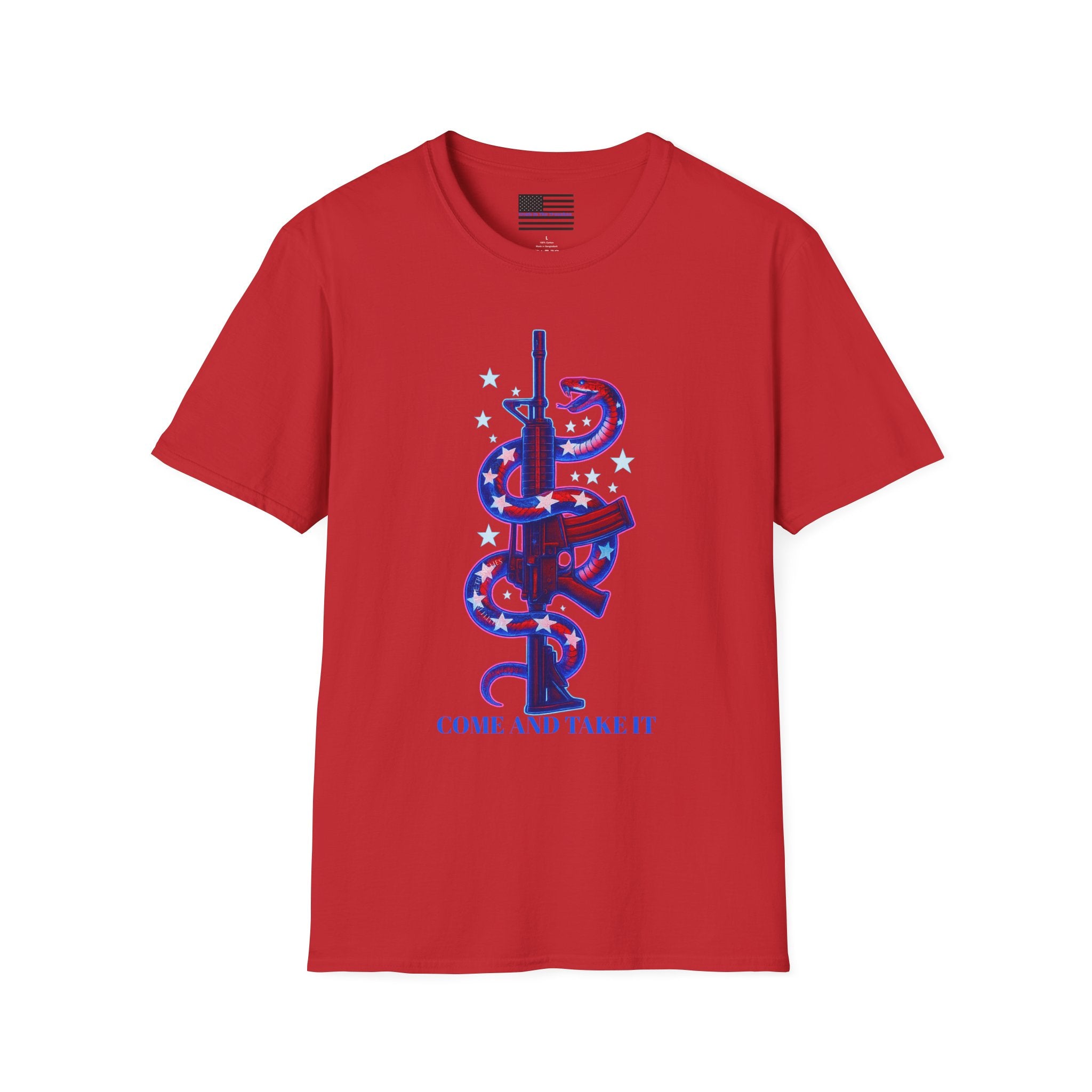 Come And Take It Red White & Blue American Flag Snake entwined on Rifle T-Shirt