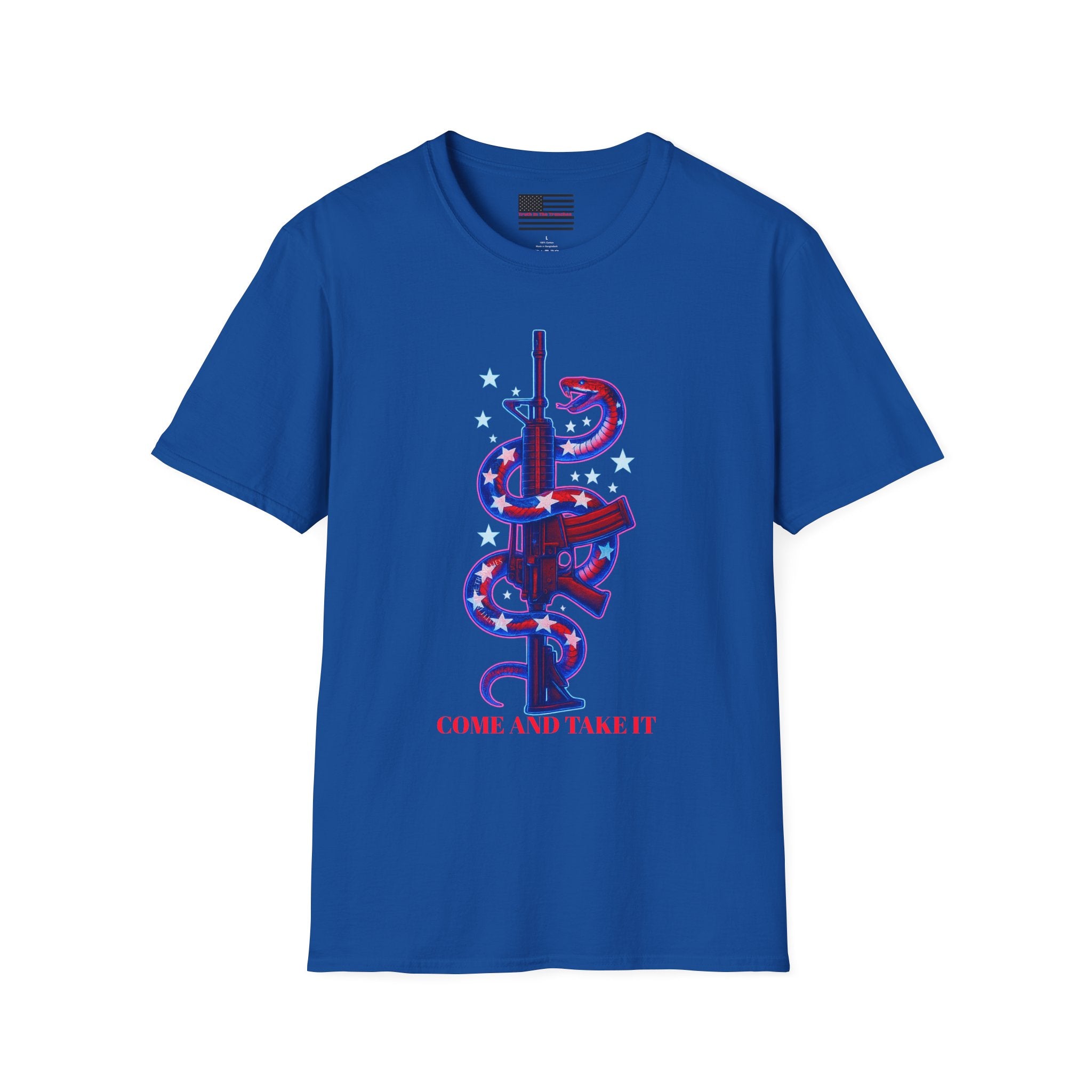 Come And Take It Red White & Blue American Flag Snake entwined on Rifle T-Shirt