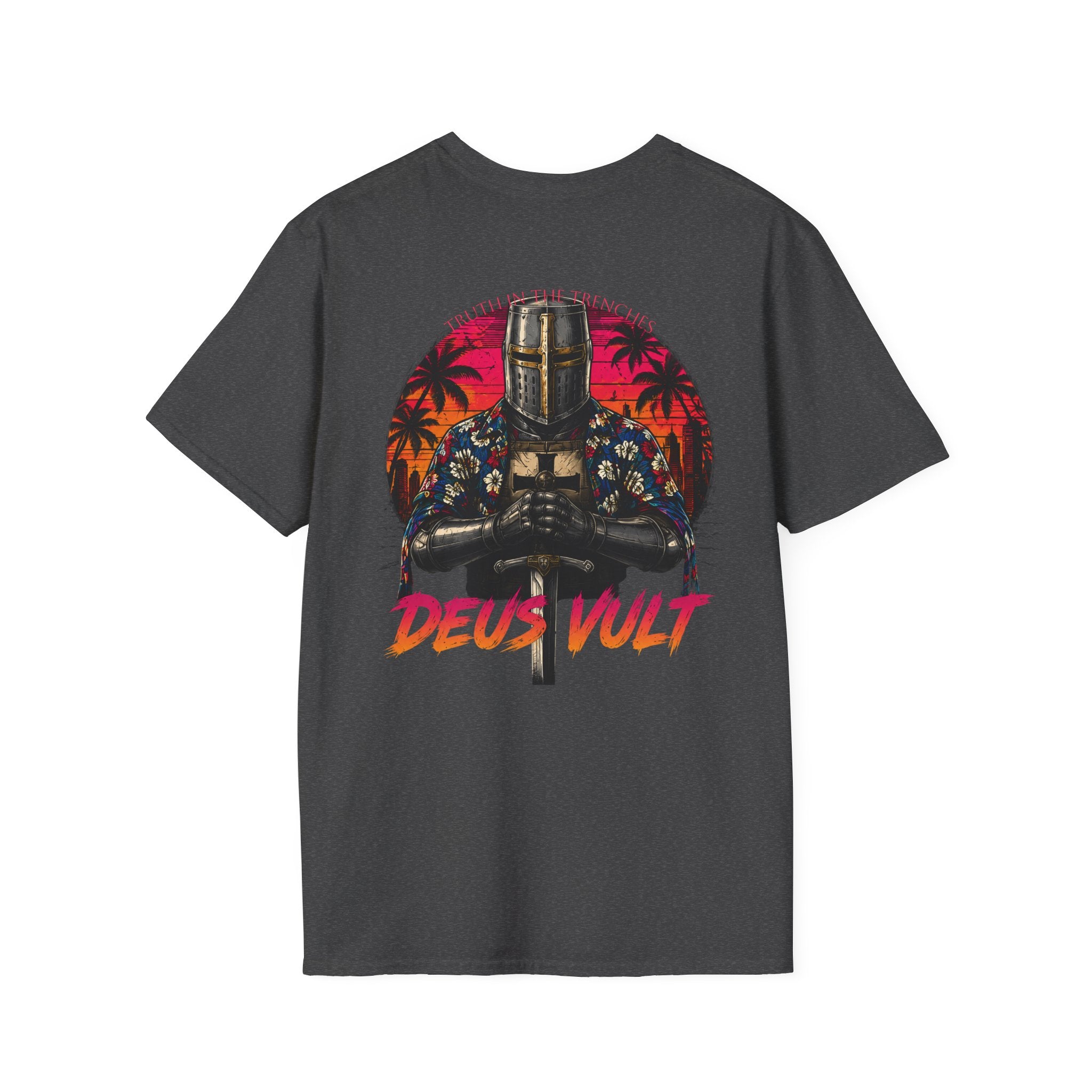 Hawaiian Crusader Back Print Shirt | Deus Vult Vacation Knight Shirt | Funny Medieval Tactical Graphic | Tropical Knight T-Shirt
