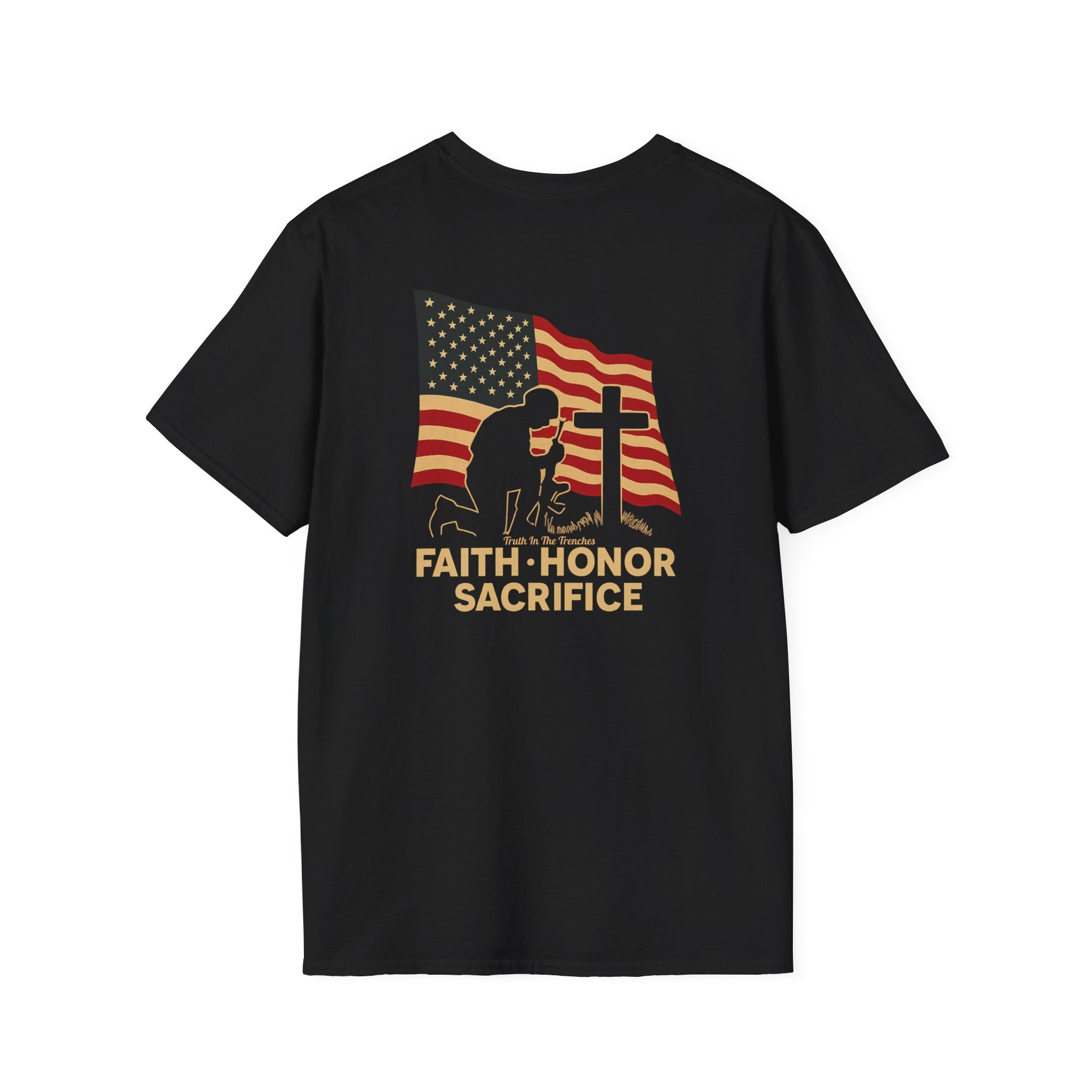 Faith Honor Sacrifice American Flag Back Print T-Shirt