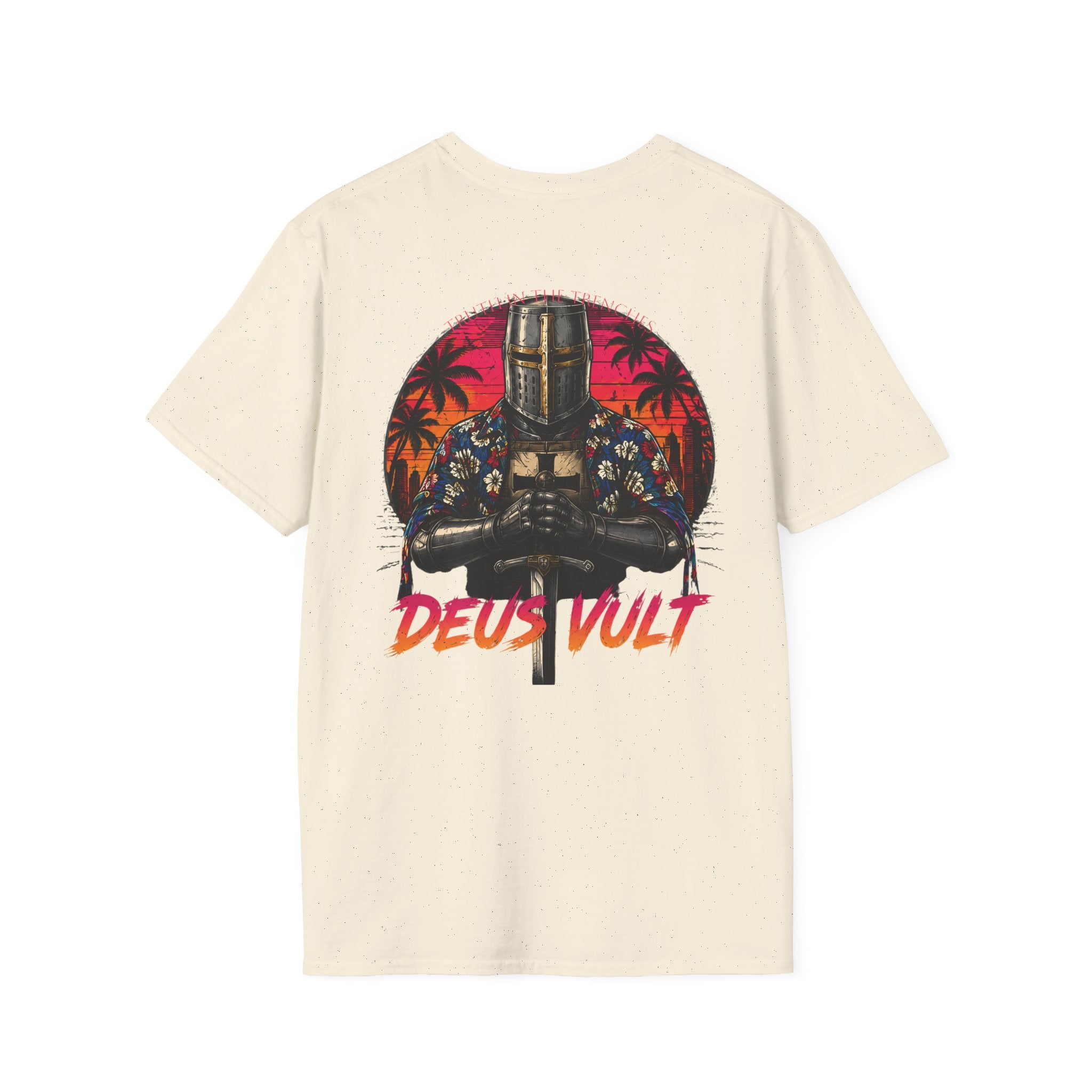 Hawaiian Crusader Back Print Shirt | Deus Vult Vacation Knight Shirt | Funny Medieval Tactical Graphic | Tropical Knight T-Shirt