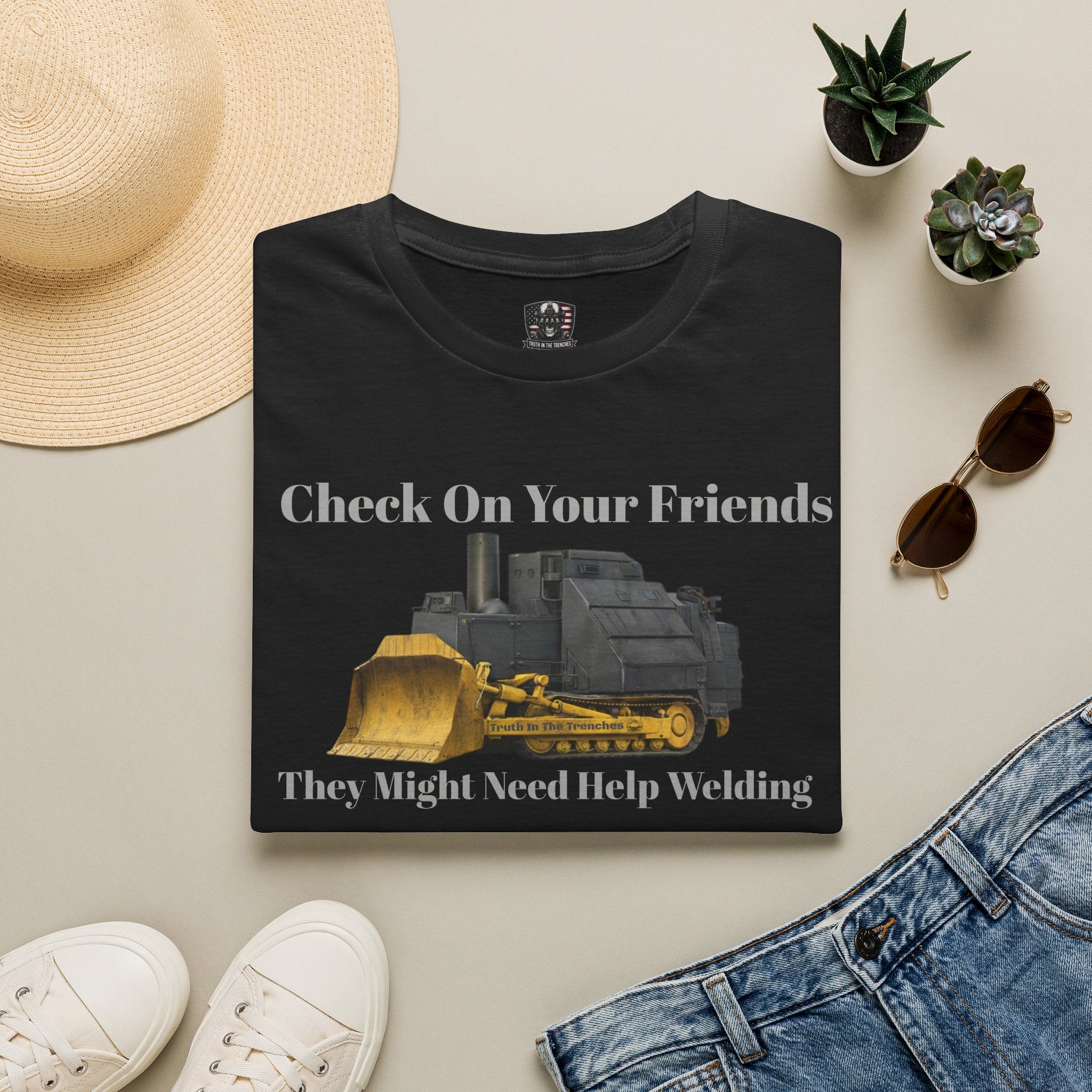 Check On Your Friends Dozer T-Shirt | New Version | Bulldozer Welding Work Humor | 2A | Freedom | Dont Tread On Me | Dad Gift