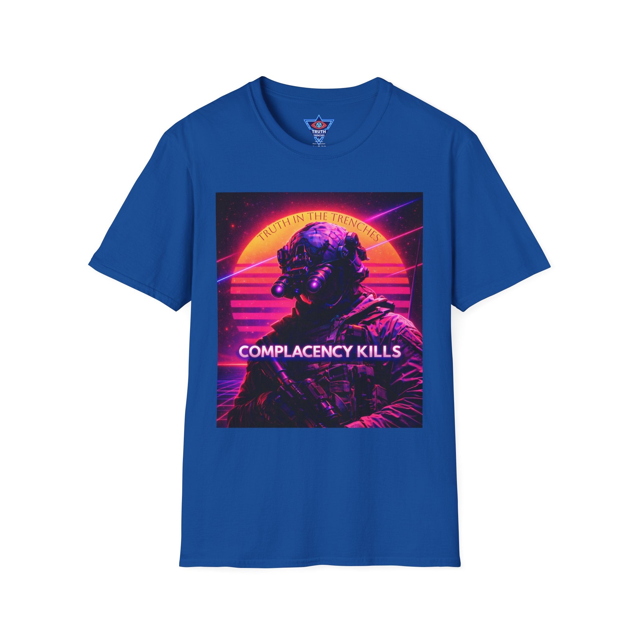 Complacency Kills T-Shirt | Neon Tactical Vaporwave Soldier