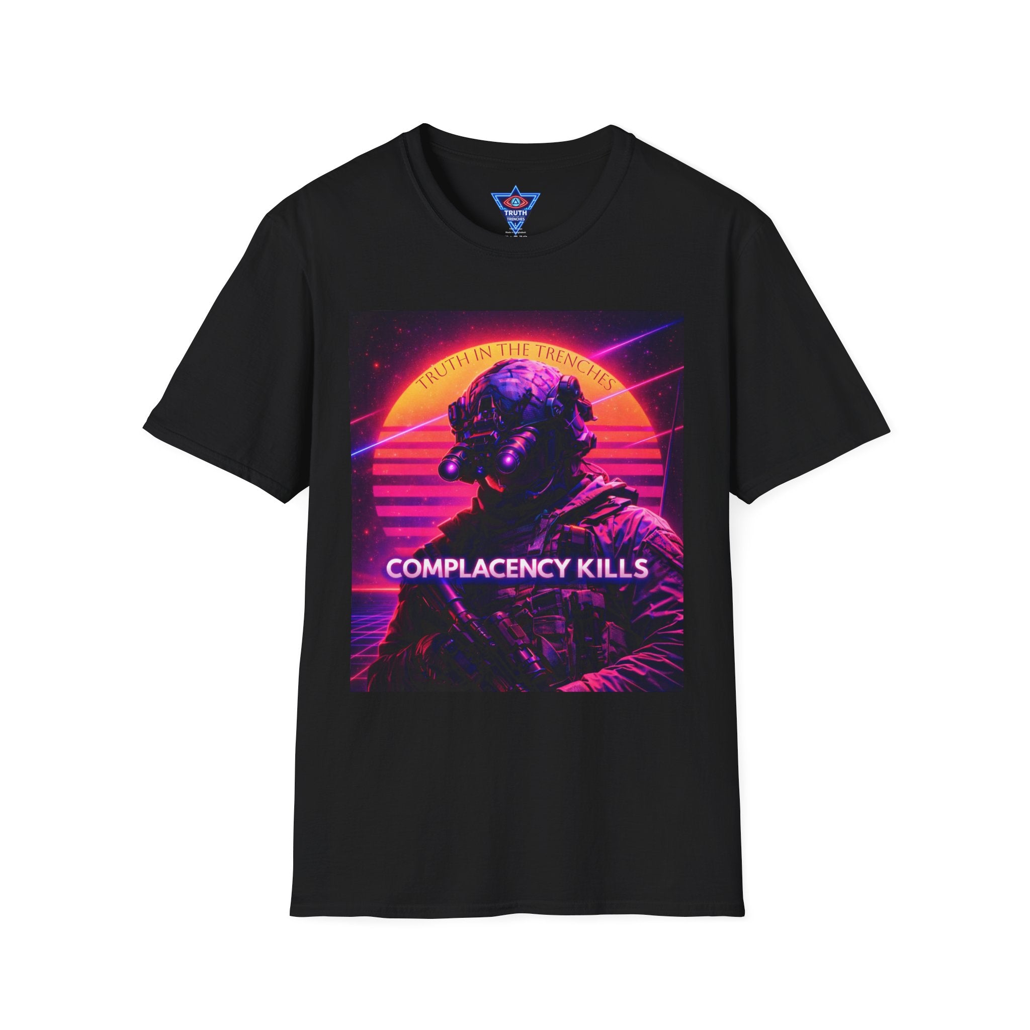 Complacency Kills T-Shirt | Neon Tactical Vaporwave Soldier