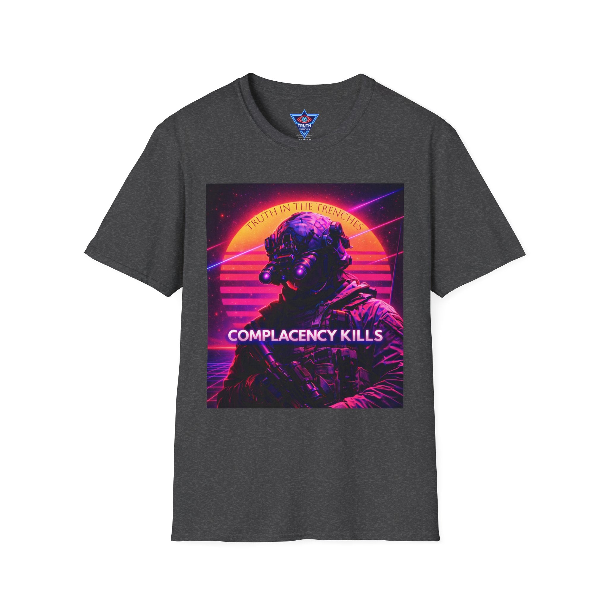 Complacency Kills T-Shirt | Neon Tactical Vaporwave Soldier