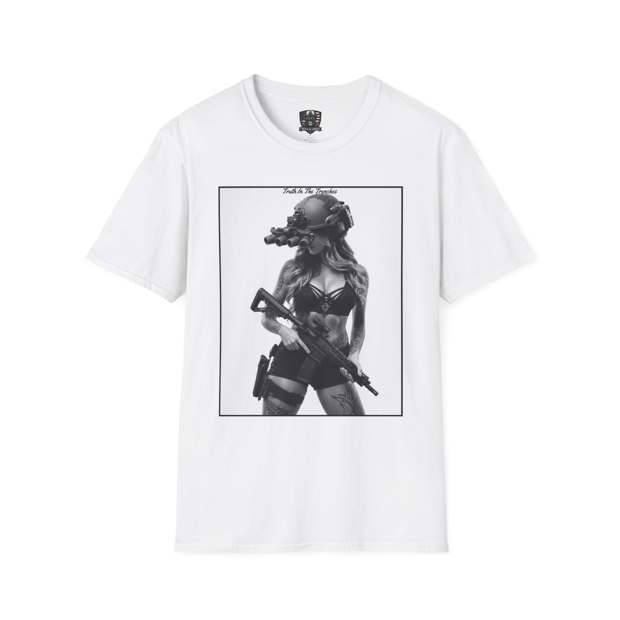 She Sees You First Pin Up | Tactical Night Vision Girl Shirt | Quad Tube NVG Rifle Pin-Up Tee | Military Style Graphic T-Shirt