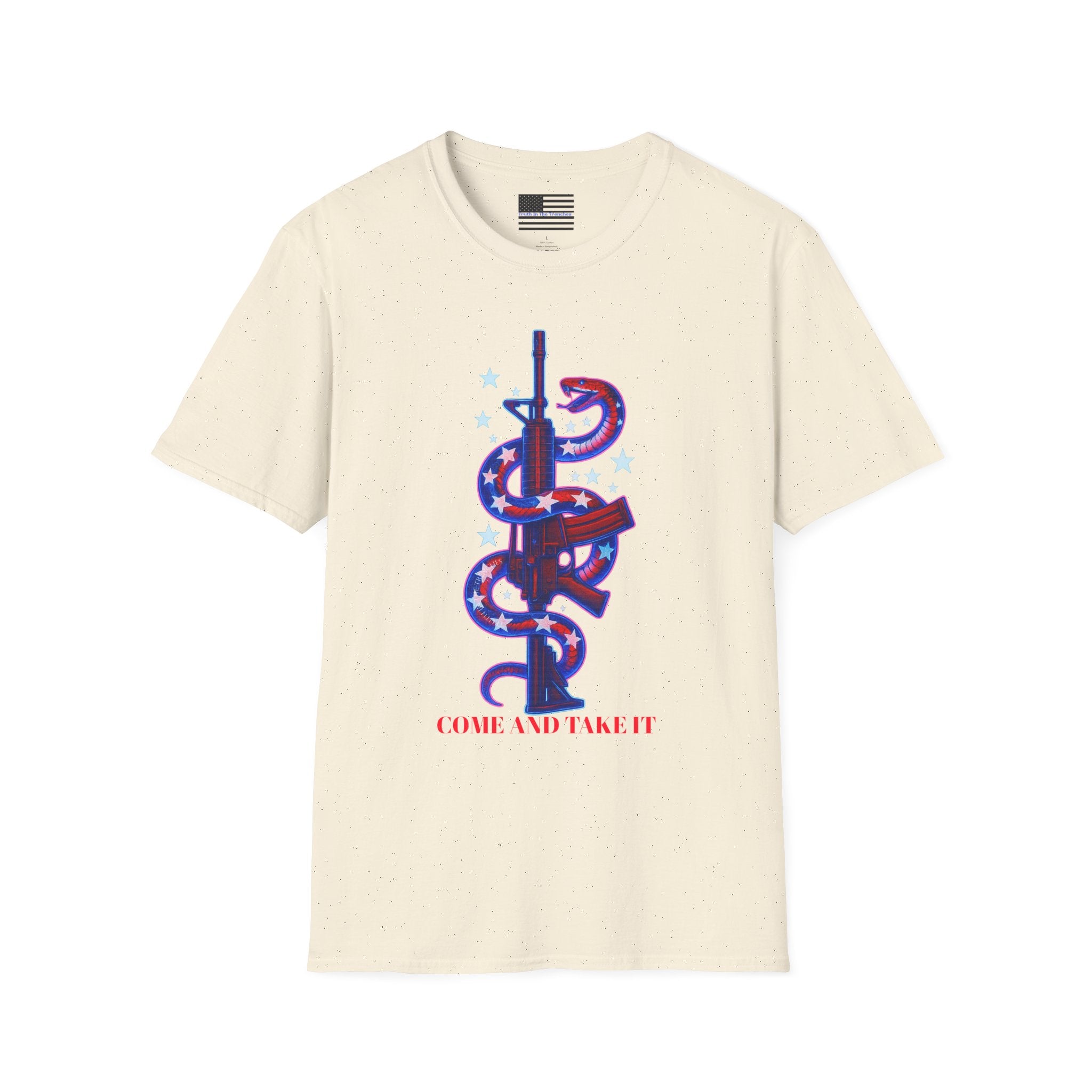 Come And Take It Red White & Blue American Flag Snake entwined on Rifle T-Shirt