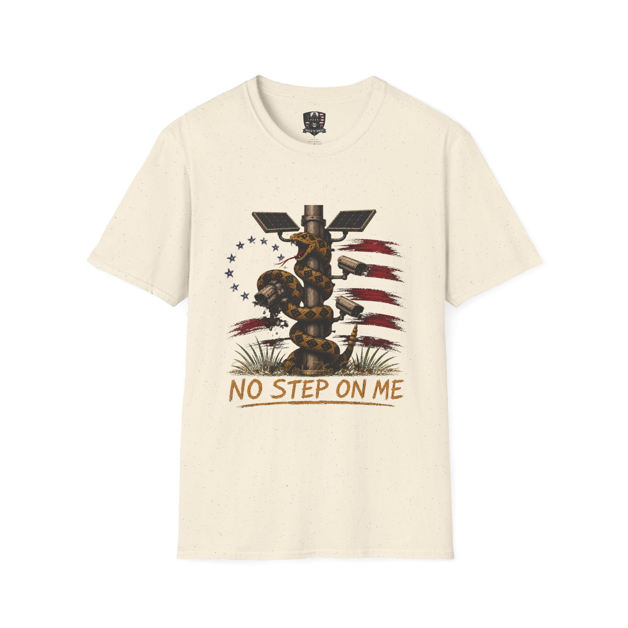No Step On Me Shirt | Gadsden Snake Crushing Surveillance Camera | Patriotic American Flag Freedom Liberty Graphic Tee