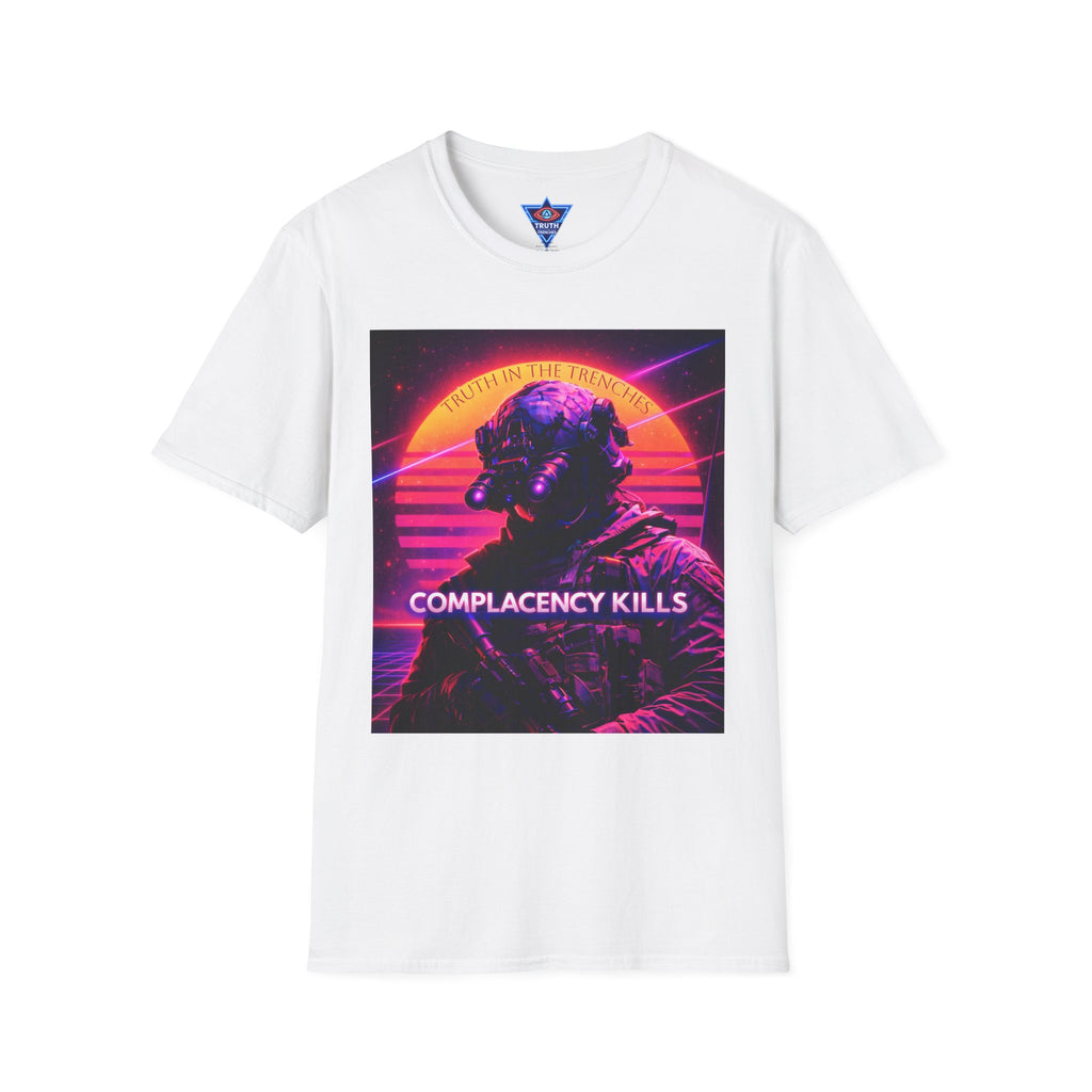 Complacency Kills T-Shirt | Neon Tactical Vaporwave Soldier