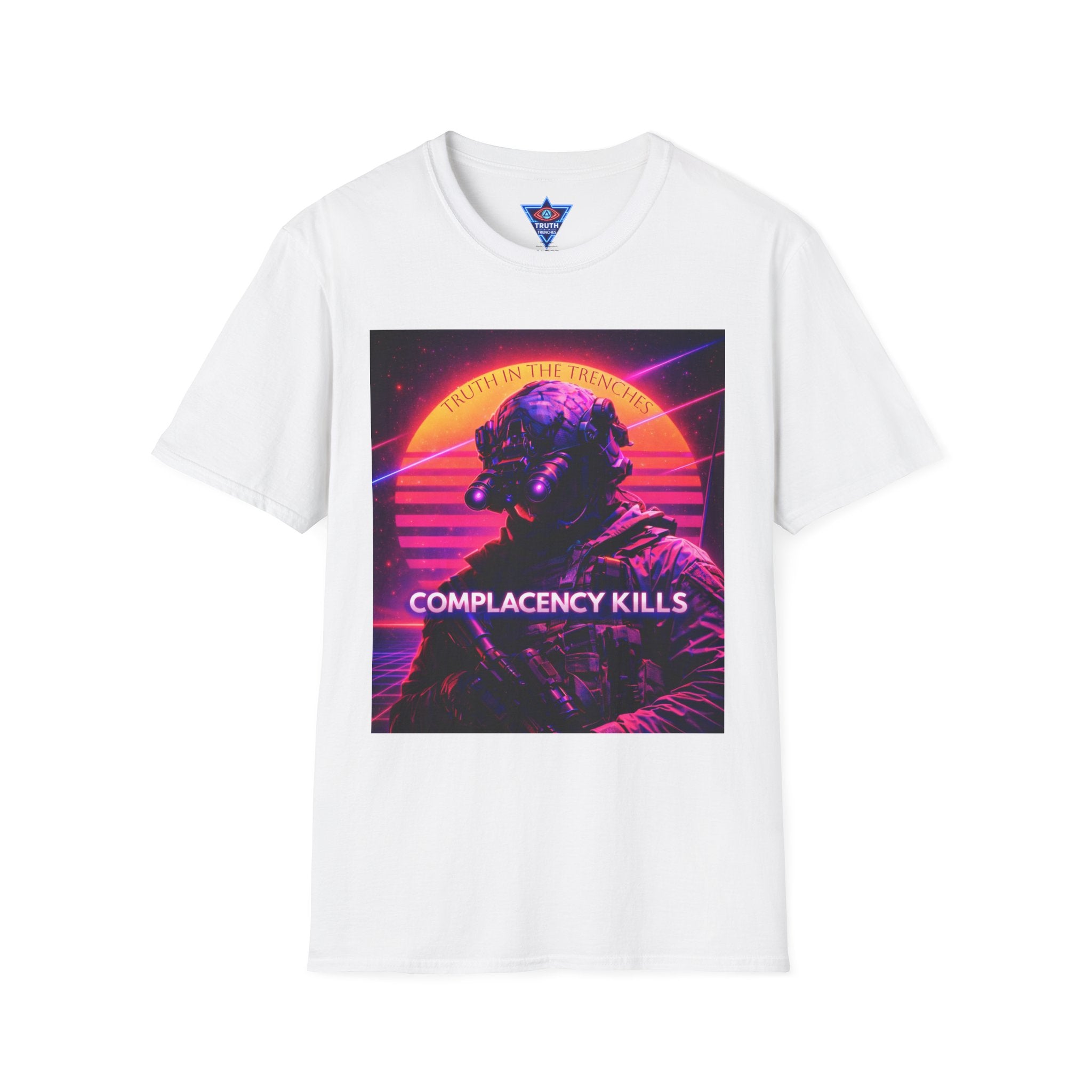 Complacency Kills T-Shirt | Neon Tactical Vaporwave Soldier