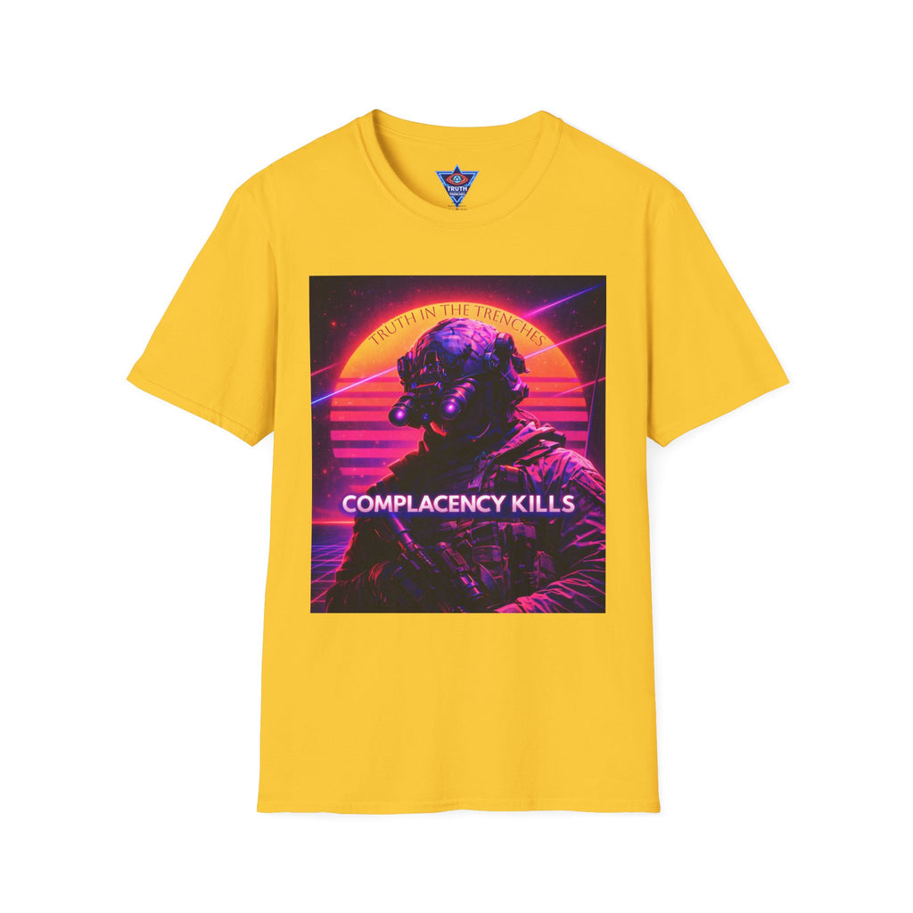 Complacency Kills T-Shirt | Neon Tactical Vaporwave Soldier