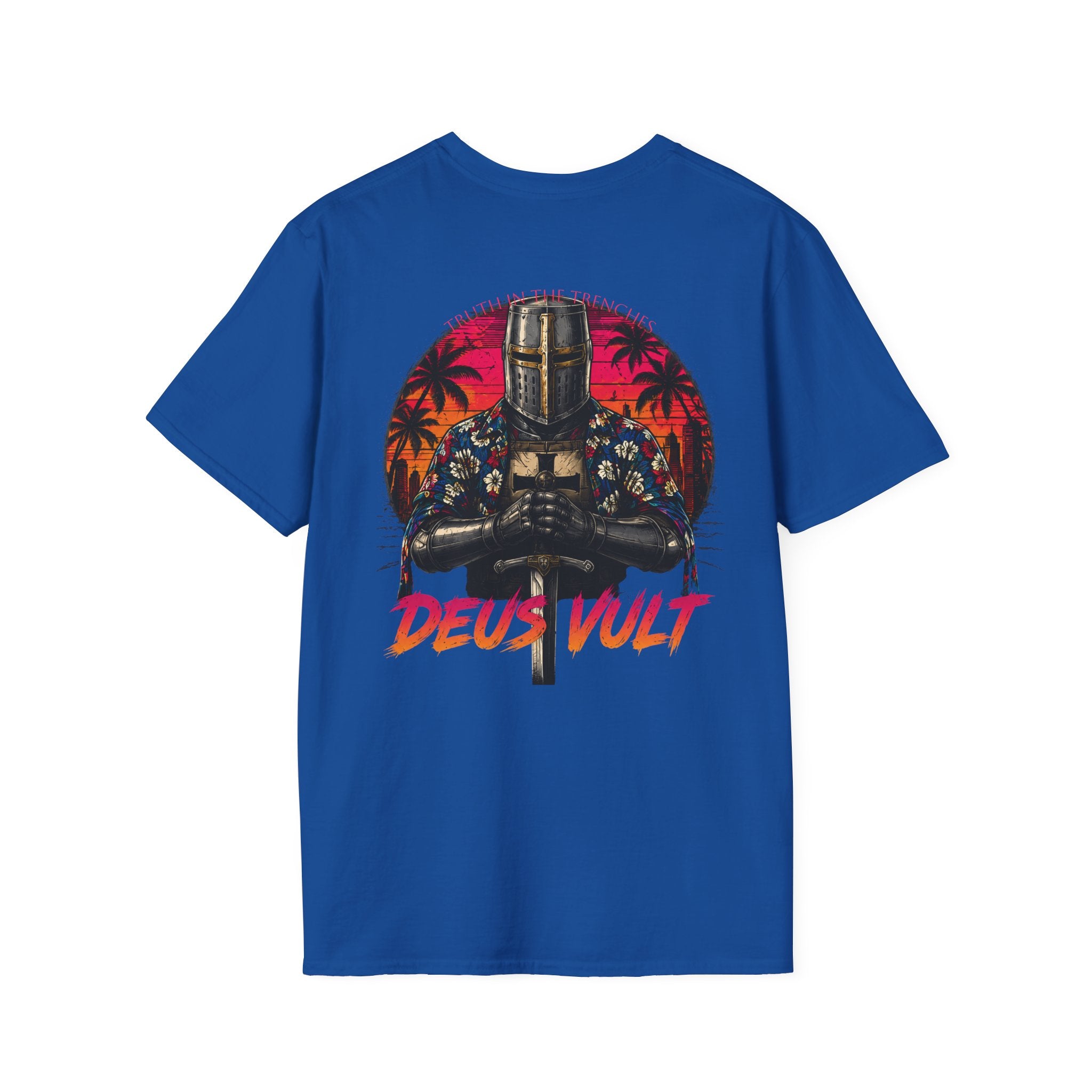 Hawaiian Crusader Back Print Shirt | Deus Vult Vacation Knight Shirt | Funny Medieval Tactical Graphic | Tropical Knight T-Shirt