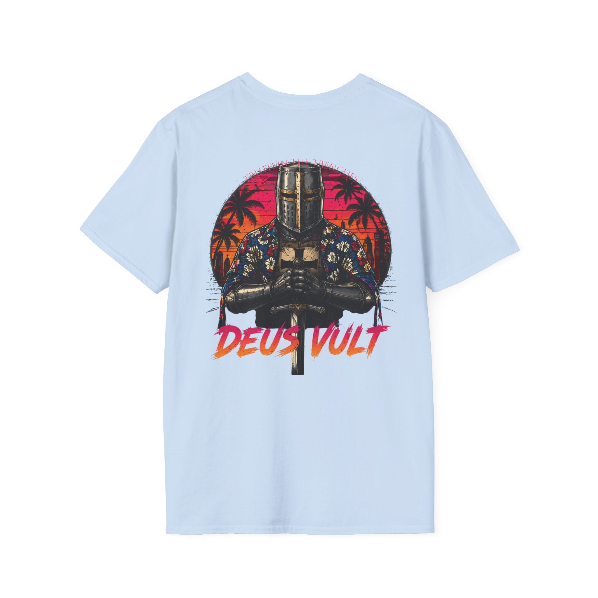 Hawaiian Crusader Back Print Shirt | Deus Vult Vacation Knight Shirt | Funny Medieval Tactical Graphic | Tropical Knight T-Shirt