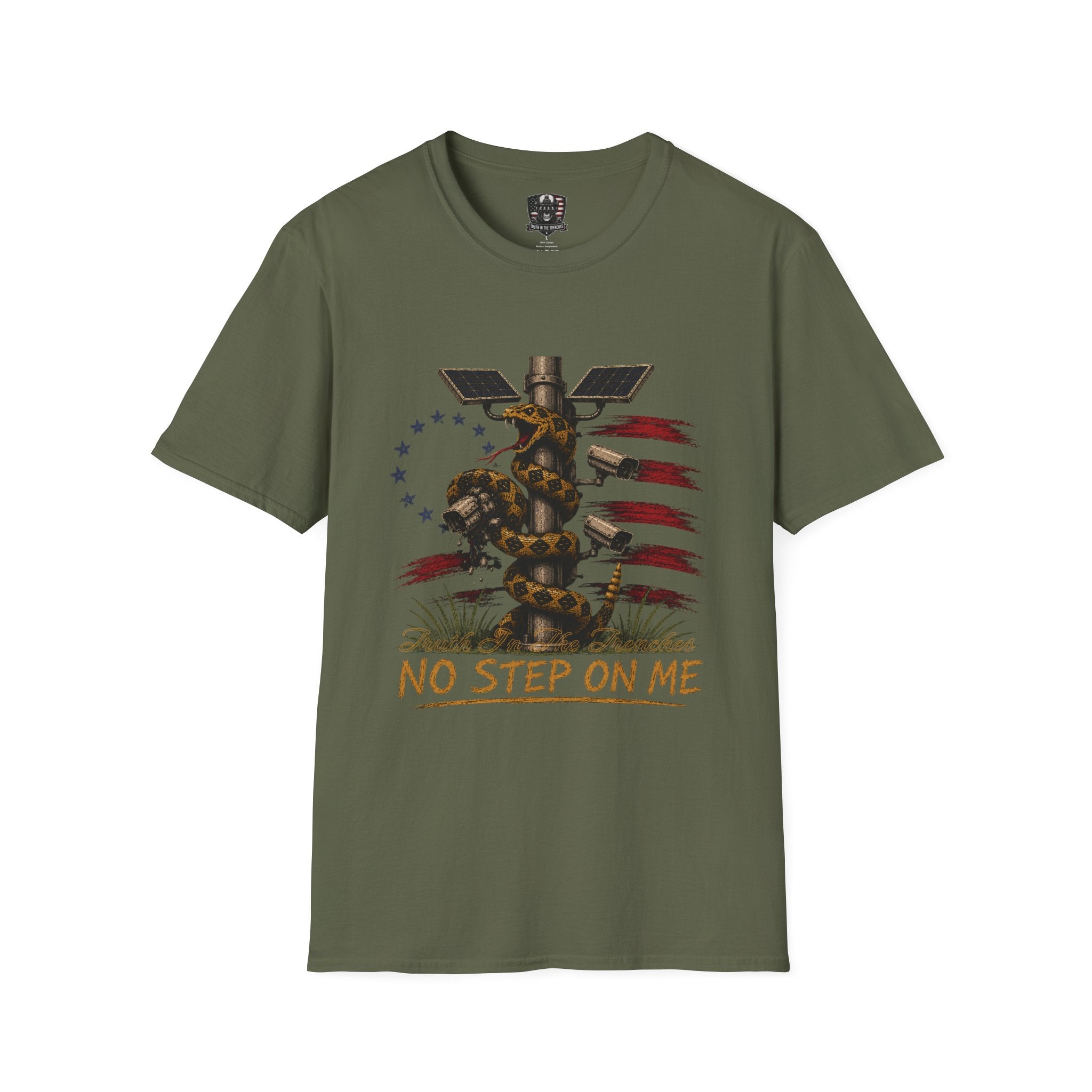 No Step On Me Shirt | Gadsden Snake Crushing Surveillance Camera | Patriotic American Flag Freedom Liberty Graphic Tee