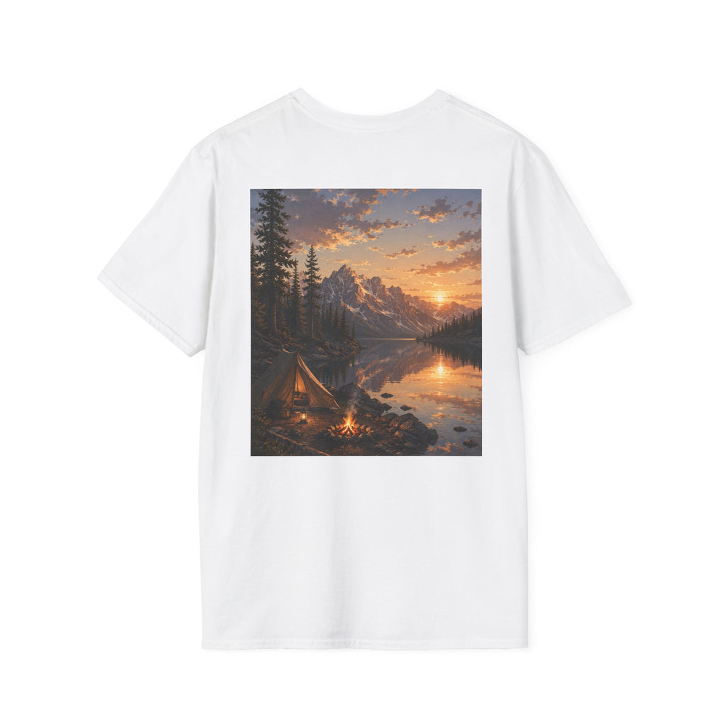 Backcountry Lake Camp Shirt | Mountain Sunset Camping Tee | Great Outdoors Series | Wilderness Nature Graphic T-Shirt