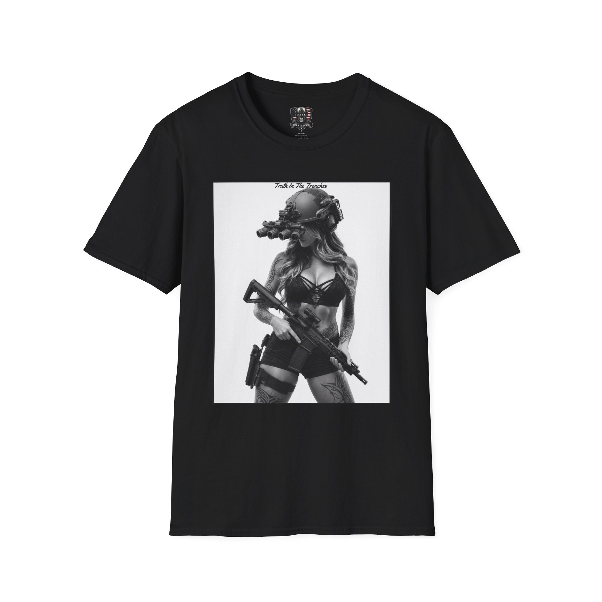 She Sees You First Pin Up | Tactical Night Vision Girl Shirt | Quad Tube NVG Rifle Pin-Up Tee | Military Style Graphic T-Shirt