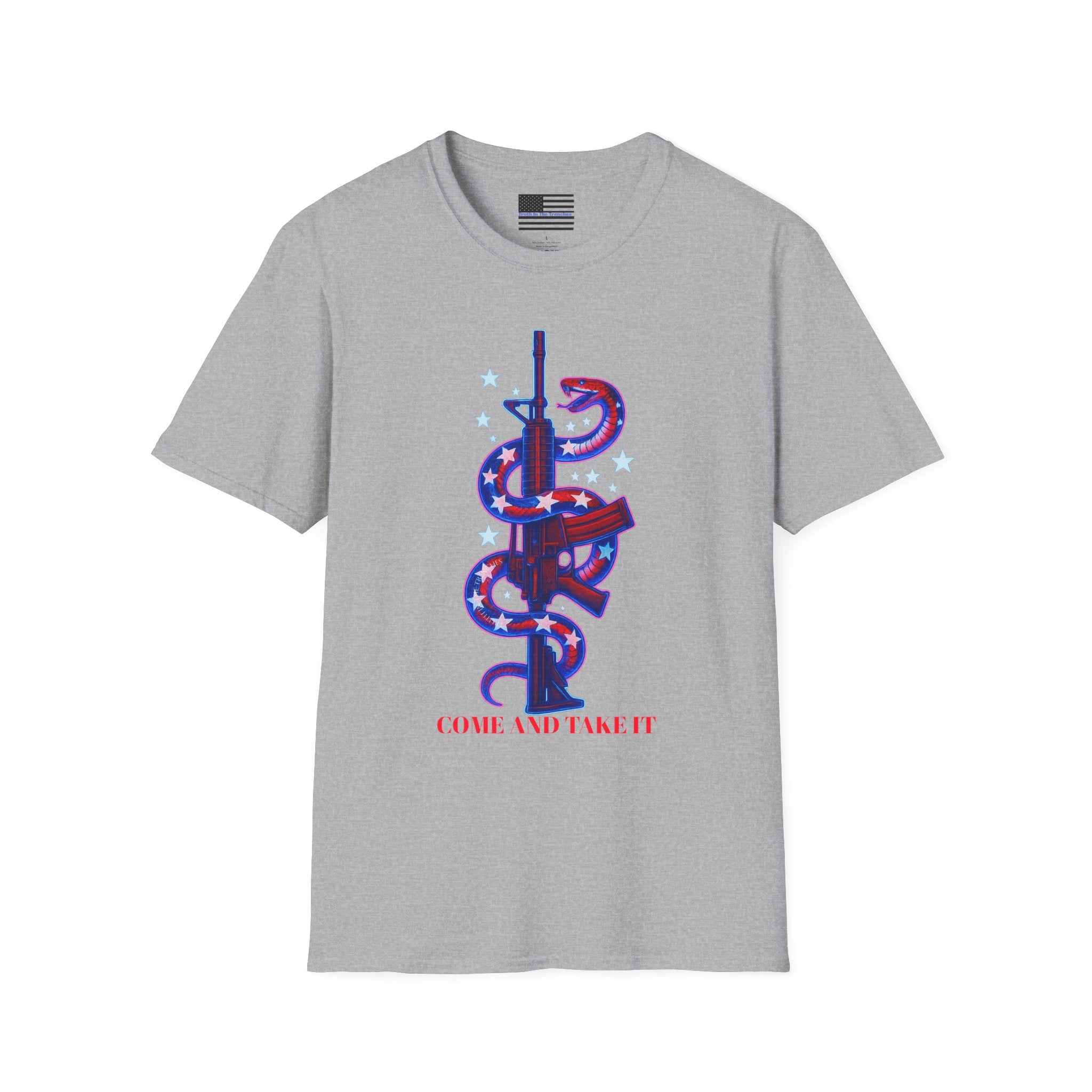 Come And Take It Red White & Blue American Flag Snake entwined on Rifle T-Shirt
