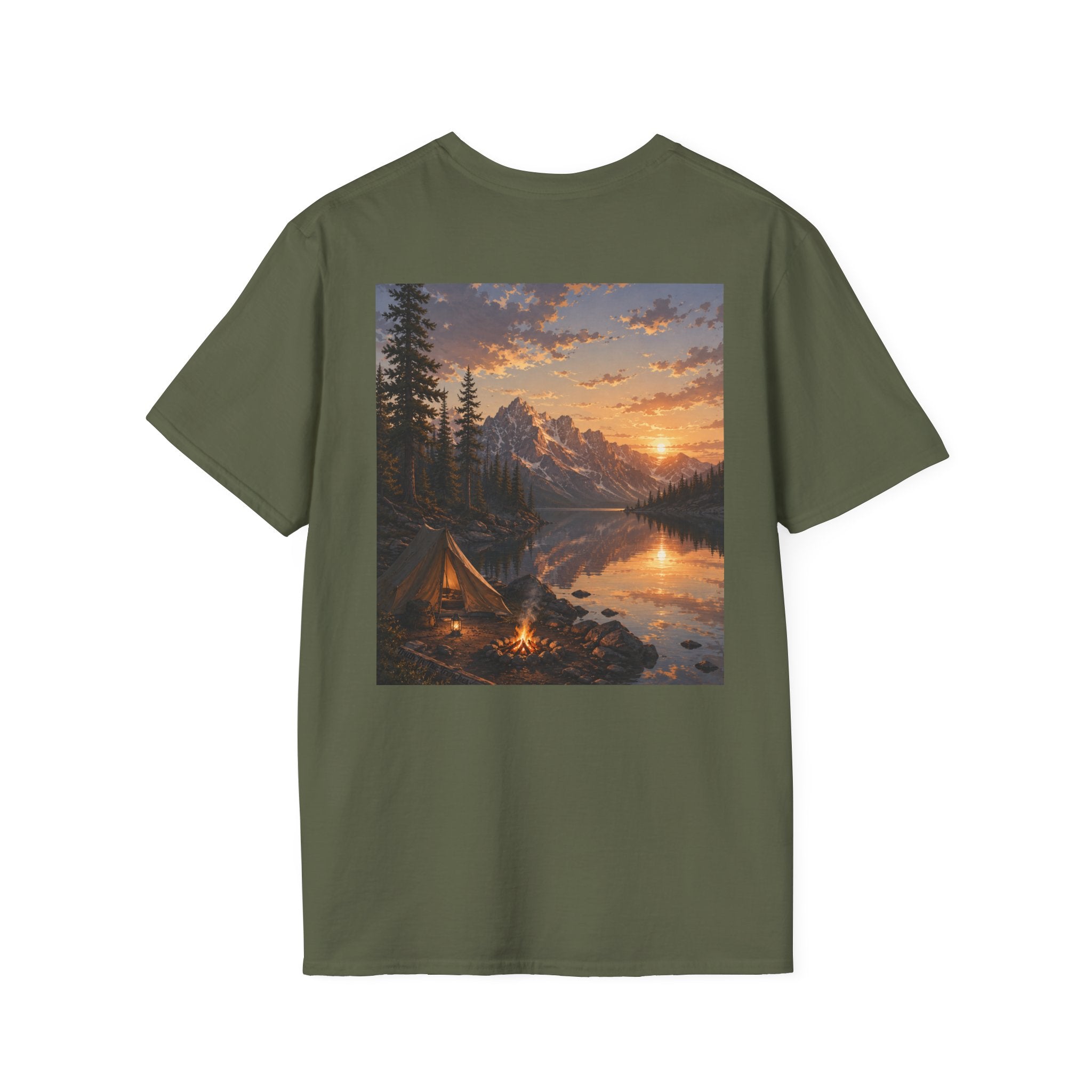 Backcountry Lake Camp Shirt | Mountain Sunset Camping Tee | Great Outdoors Series | Wilderness Nature Graphic T-Shirt