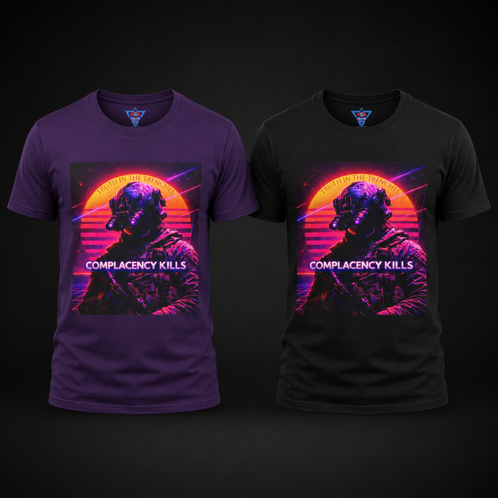 Complacency Kills T-Shirt | Neon Tactical Vaporwave Soldier