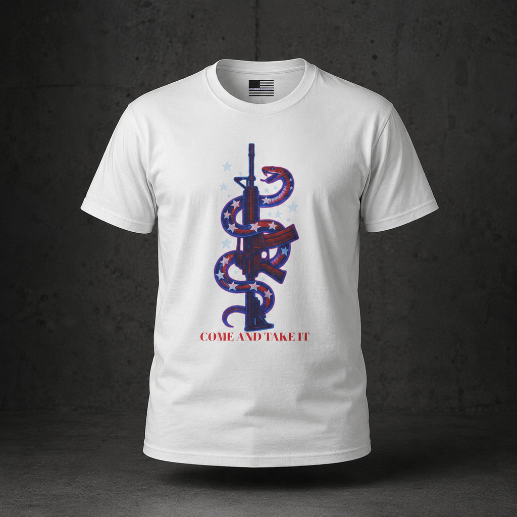 Come And Take It Red White & Blue American Flag Snake entwined on Rifle T-Shirt