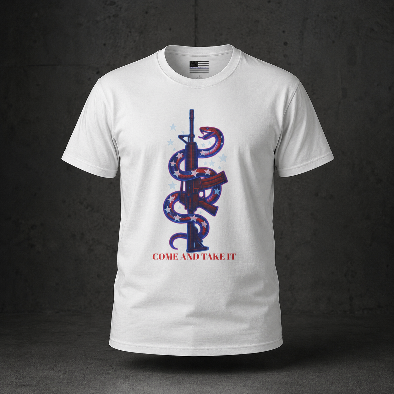 Come And Take It Red White & Blue American Flag Snake entwined on Rifle T-Shirt