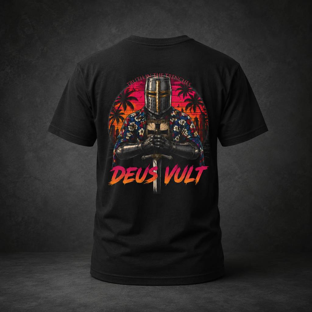 Hawaiian Crusader Back Print Shirt | Deus Vult Vacation Knight Shirt | Funny Medieval Tactical Graphic | Tropical Knight T-Shirt
