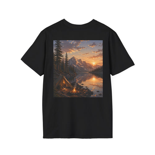 Backcountry Lake Camp Shirt | Mountain Sunset Camping Tee | Great Outdoors Series | Wilderness Nature Graphic T-Shirt