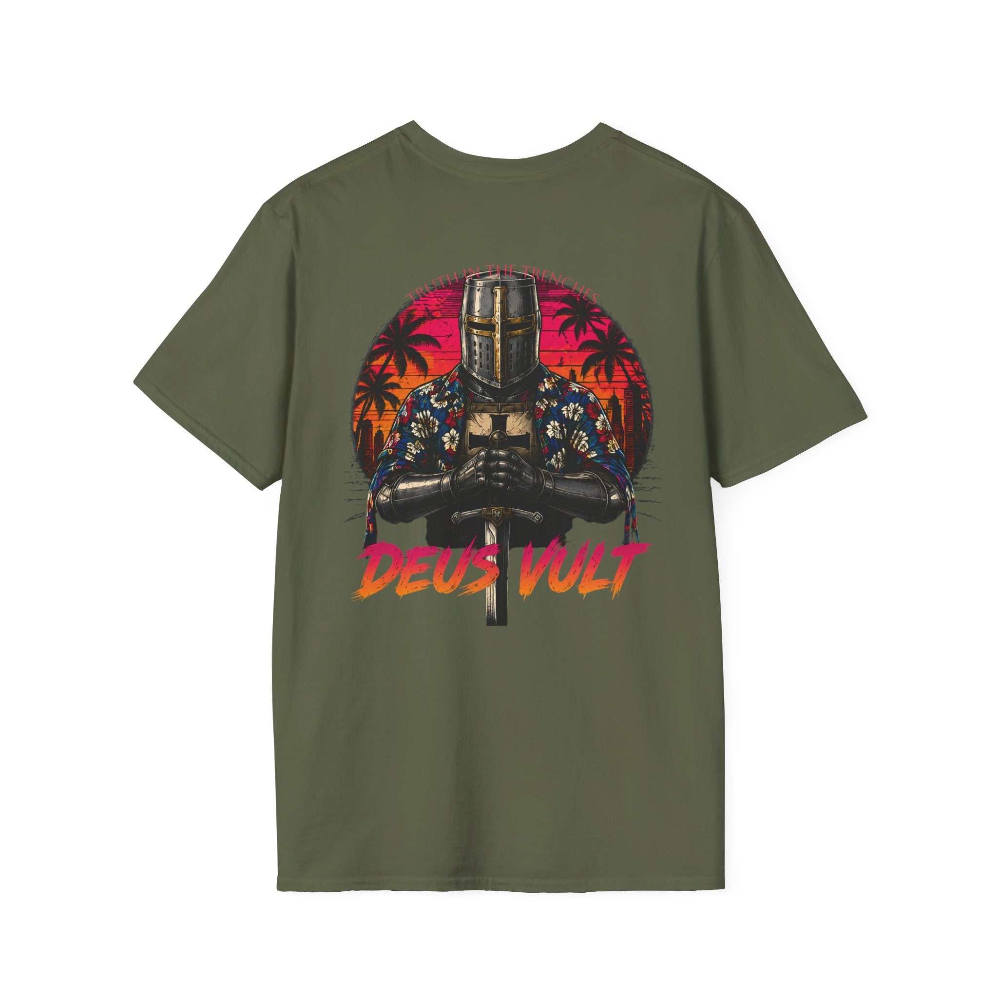 Hawaiian Crusader Back Print Shirt | Deus Vult Vacation Knight Shirt | Funny Medieval Tactical Graphic | Tropical Knight T-Shirt