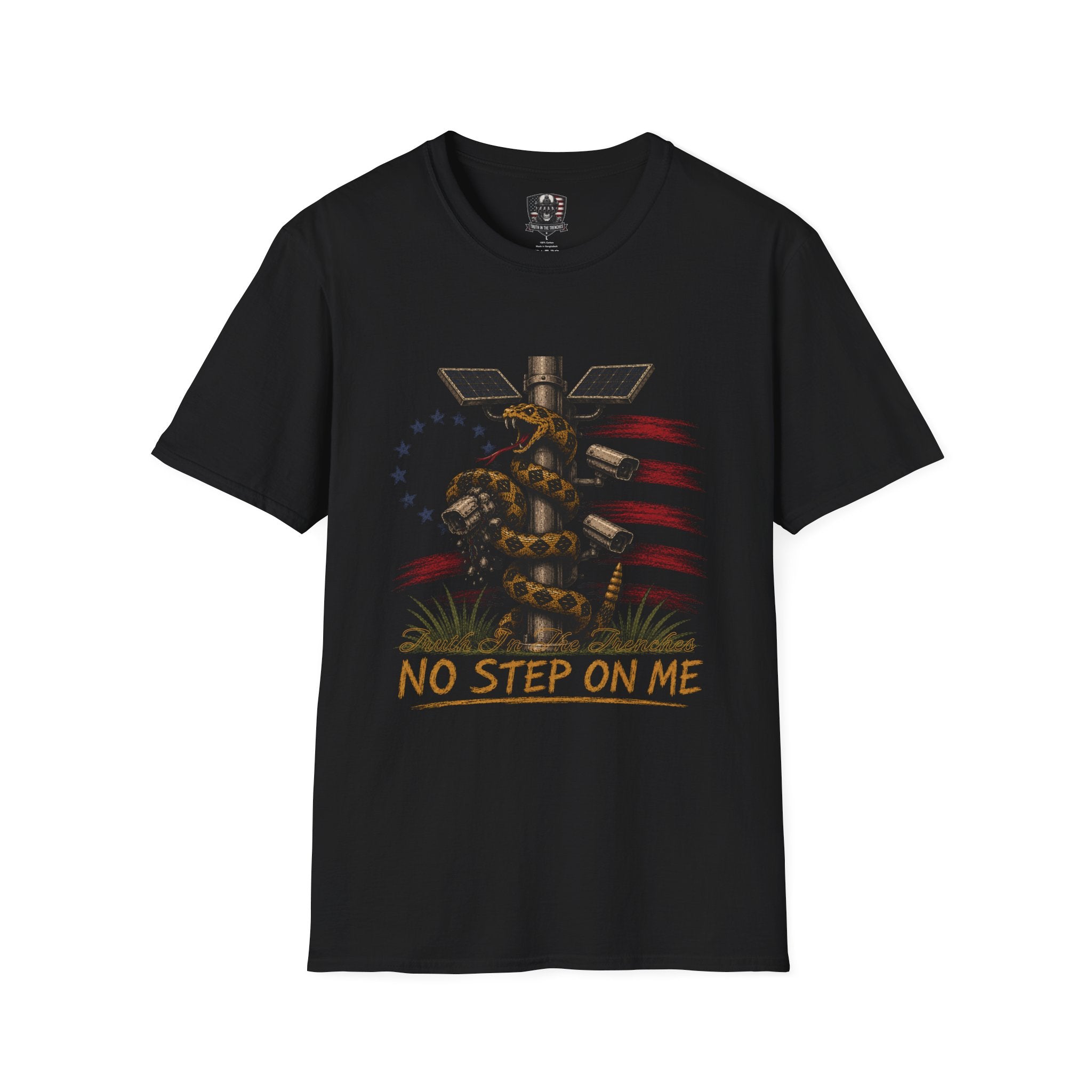 No Step On Me Shirt | Gadsden Snake Crushing Surveillance Camera | Patriotic American Flag Freedom Liberty Graphic Tee