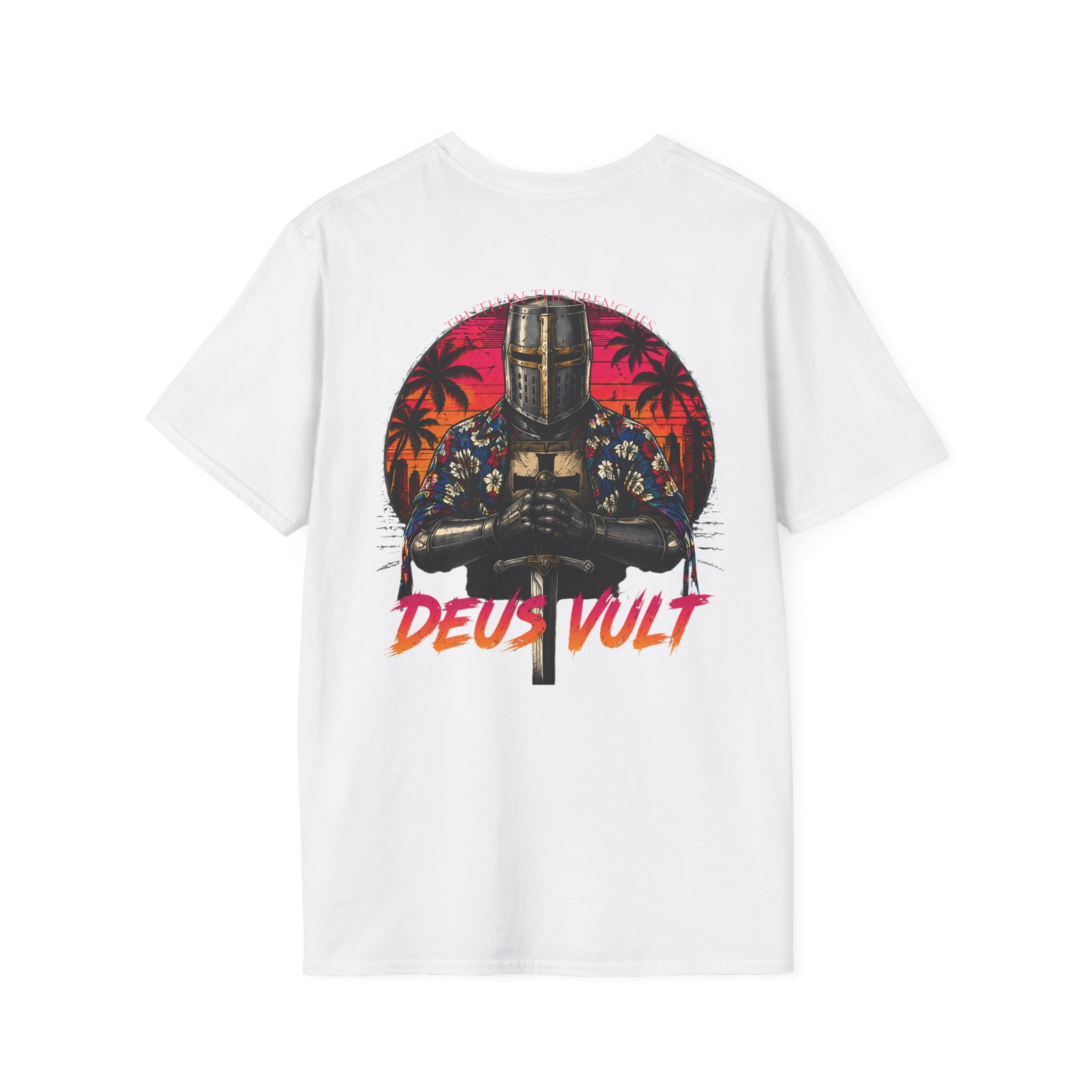 Hawaiian Crusader Back Print Shirt | Deus Vult Vacation Knight Shirt | Funny Medieval Tactical Graphic | Tropical Knight T-Shirt