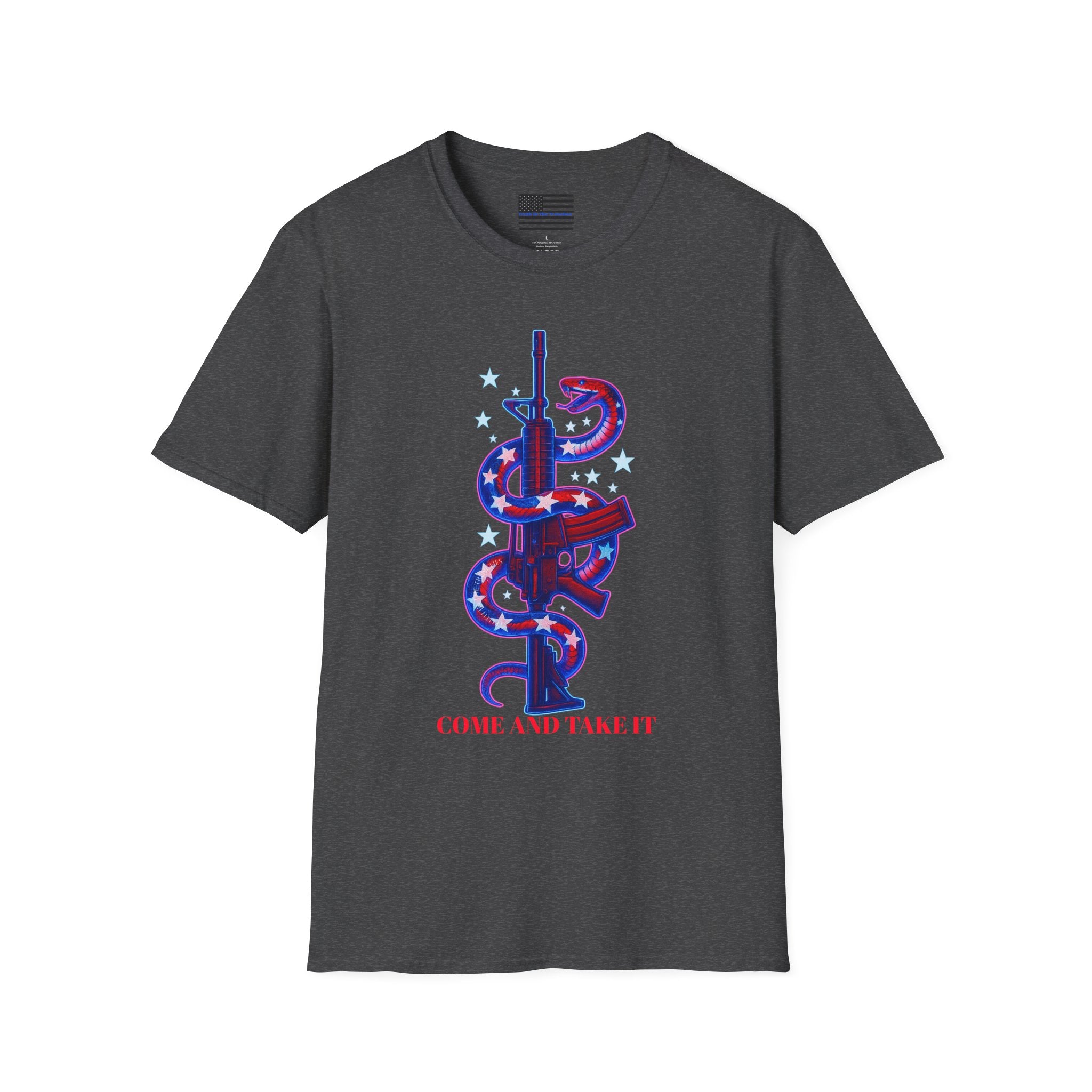 Come And Take It Red White & Blue American Flag Snake entwined on Rifle T-Shirt