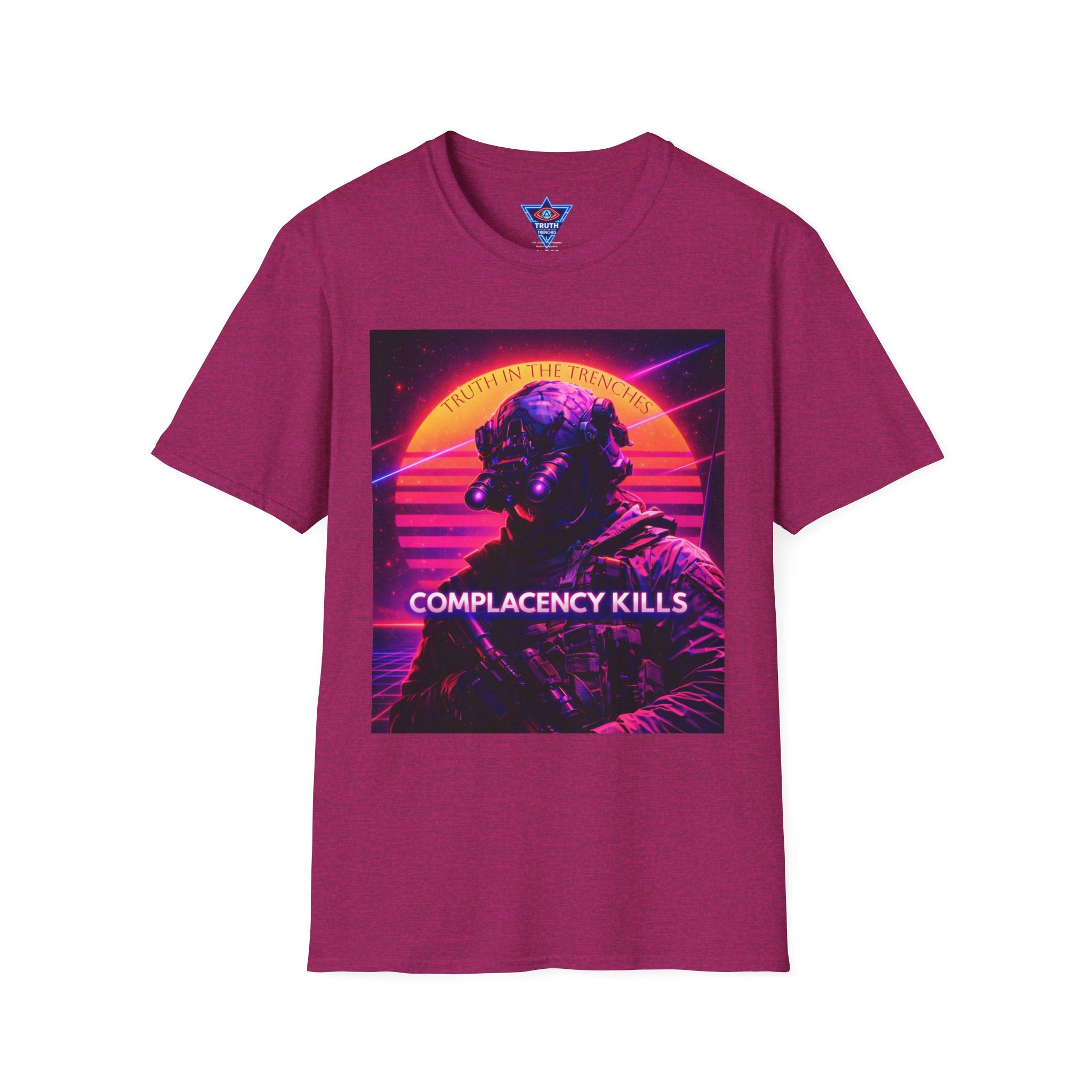 Complacency Kills T-Shirt | Neon Tactical Vaporwave Soldier