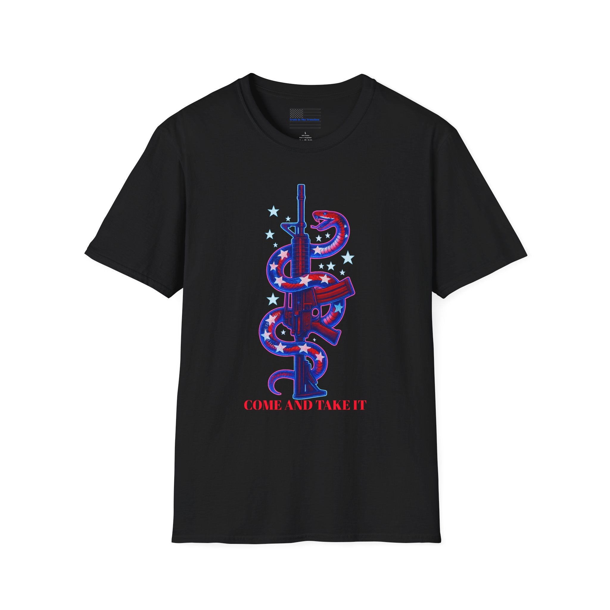 Come And Take It Red White & Blue American Flag Snake entwined on Rifle T-Shirt