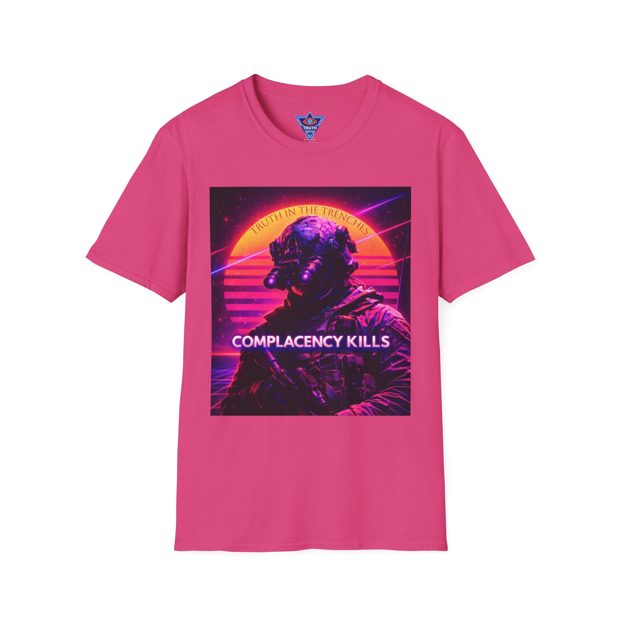 Complacency Kills T-Shirt | Neon Tactical Vaporwave Soldier