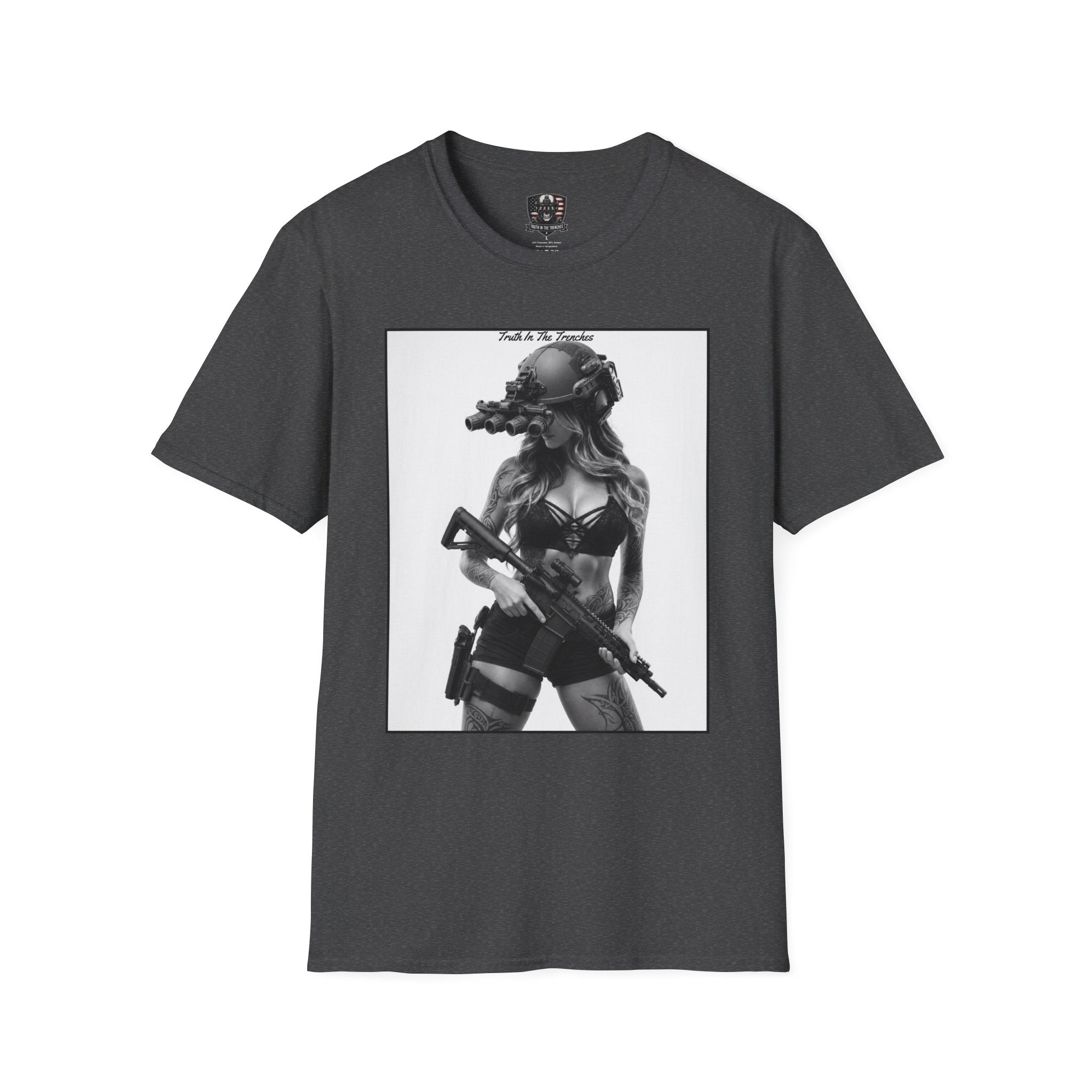 She Sees You First Pin Up | Tactical Night Vision Girl Shirt | Quad Tube NVG Rifle Pin-Up Tee | Military Style Graphic T-Shirt