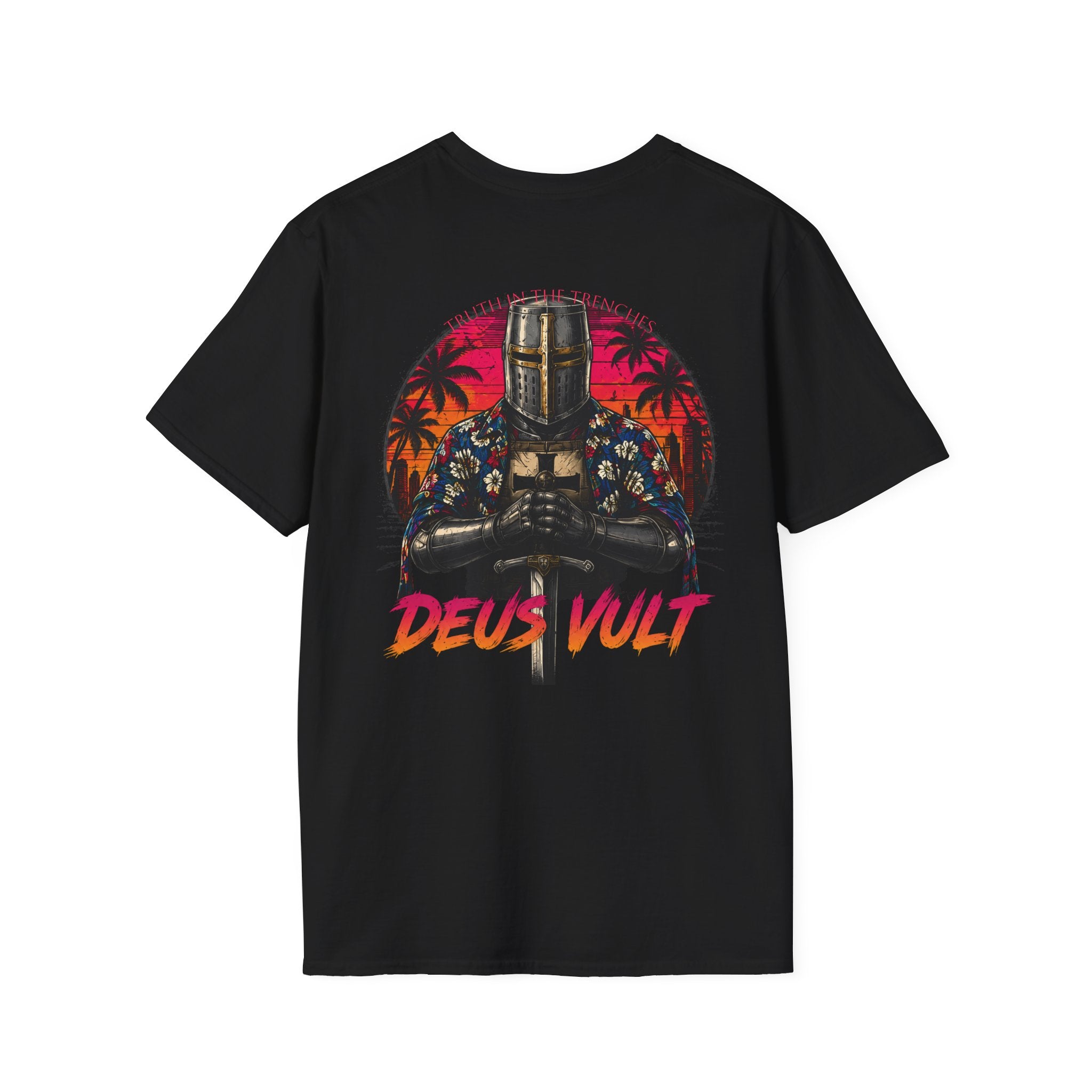 Hawaiian Crusader Back Print Shirt | Deus Vult Vacation Knight Shirt | Funny Medieval Tactical Graphic | Tropical Knight T-Shirt