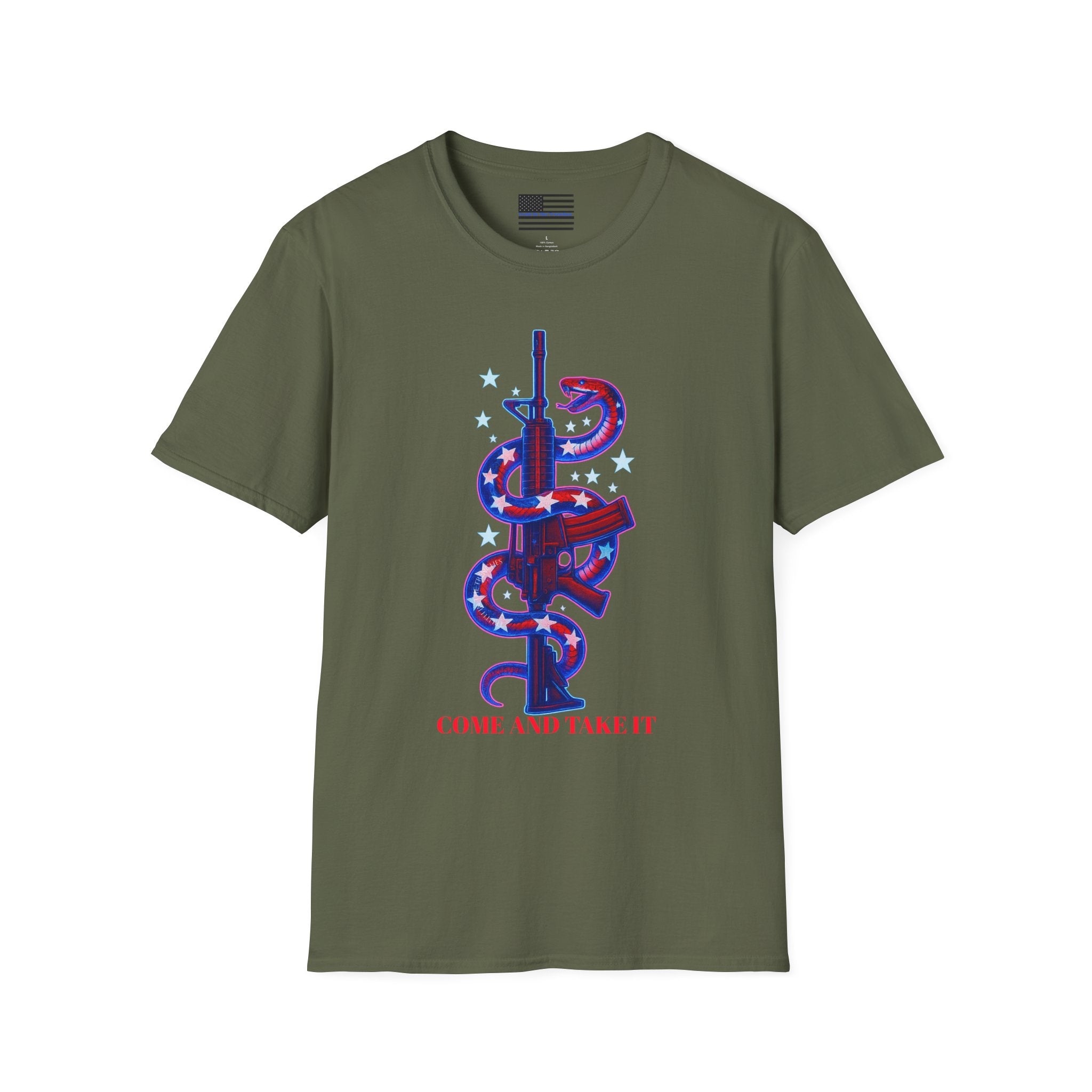 Come And Take It Red White & Blue American Flag Snake entwined on Rifle T-Shirt