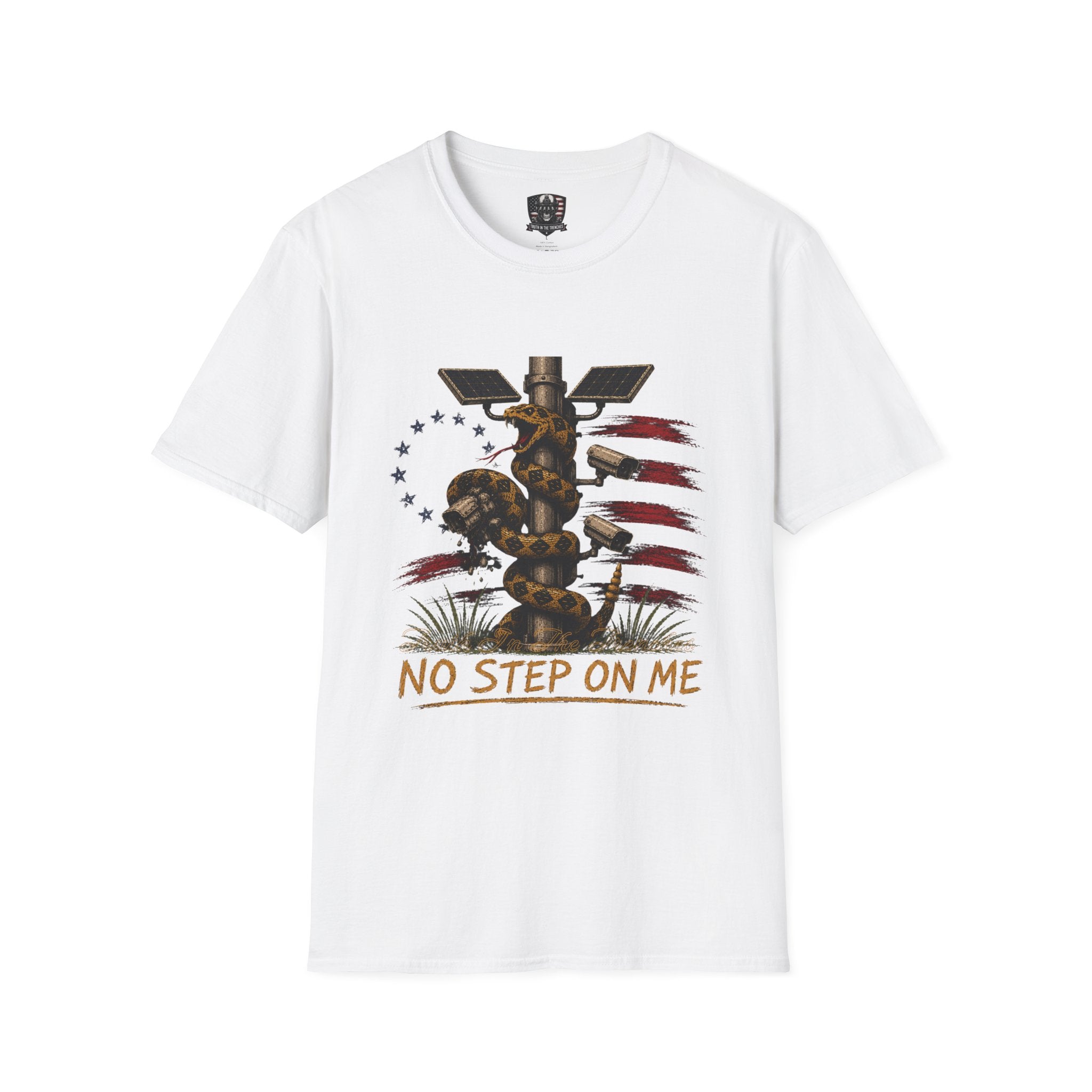 No Step On Me Shirt | Gadsden Snake Crushing Surveillance Camera | Patriotic American Flag Freedom Liberty Graphic Tee