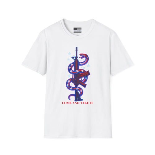 Come And Take It Red White & Blue American Flag Snake entwined on Rifle T-Shirt