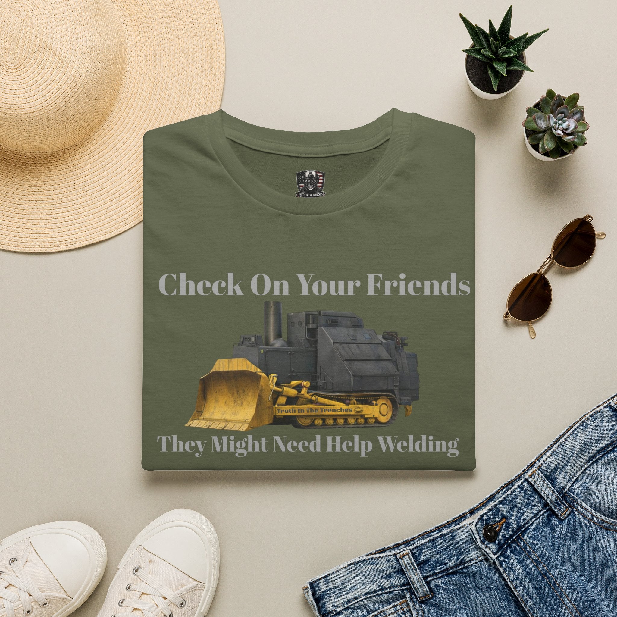 Check On Your Friends Dozer T-Shirt | New Version | Bulldozer Welding Work Humor | 2A | Freedom | Dont Tread On Me | Dad Gift