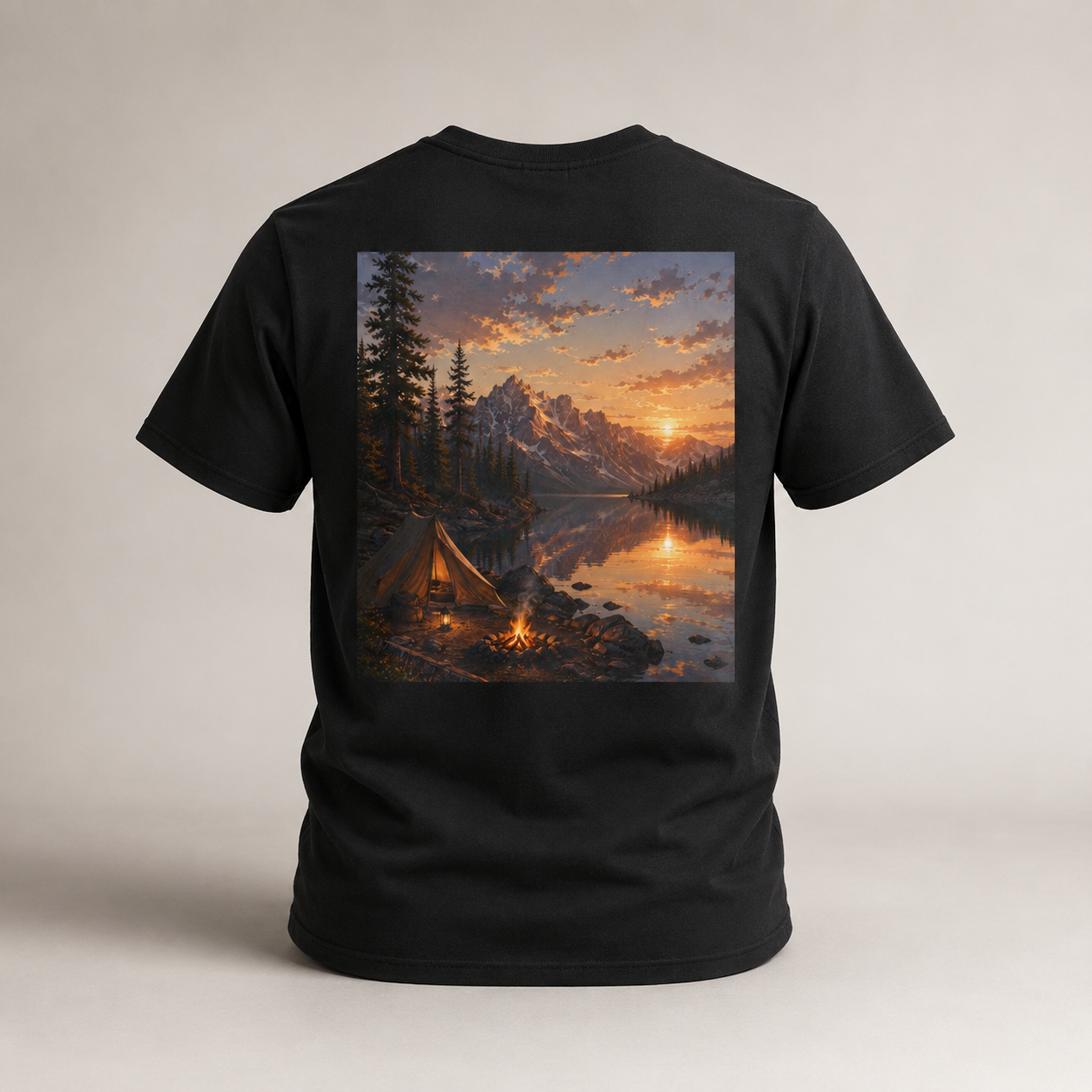 Backcountry Lake Camp Shirt | Mountain Sunset Camping Tee | Great Outdoors Series | Wilderness Nature Graphic T-Shirt